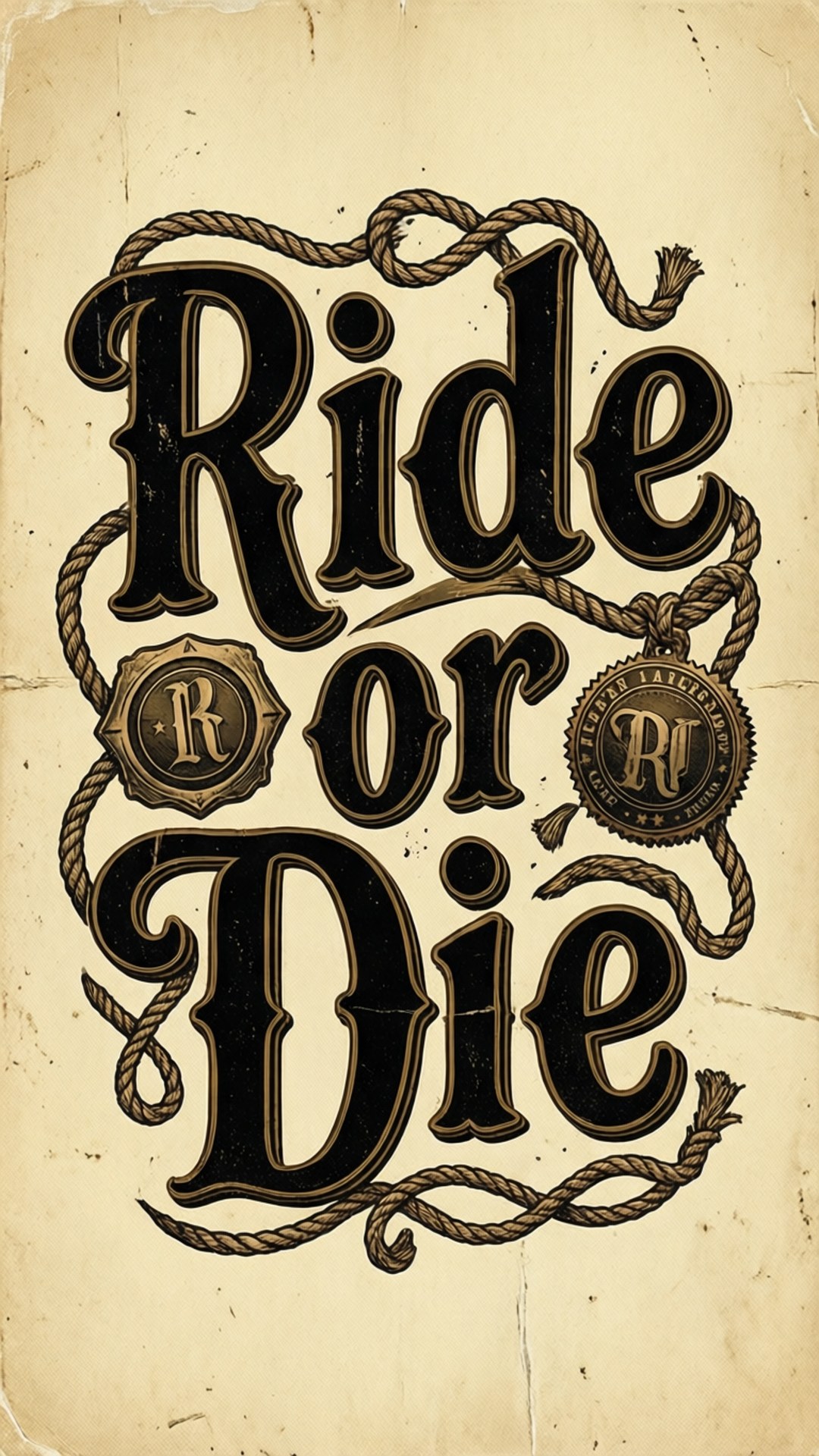 生死與共 壁紙 — 復古海報，粗體黑色字樣 'Ride or Die' 與繩索和華麗徽章交織在陳舊羊皮紙上。
