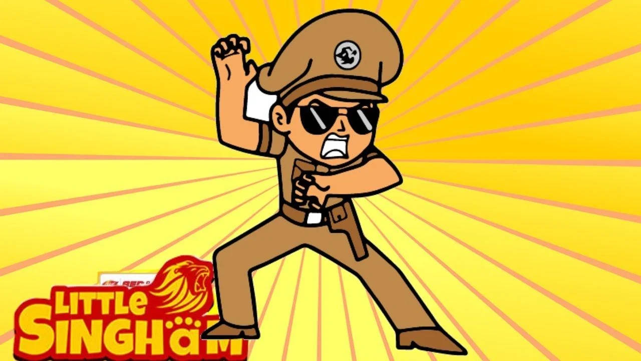 卡通警察戴著太陽眼鏡在黃色太陽光下跳舞。