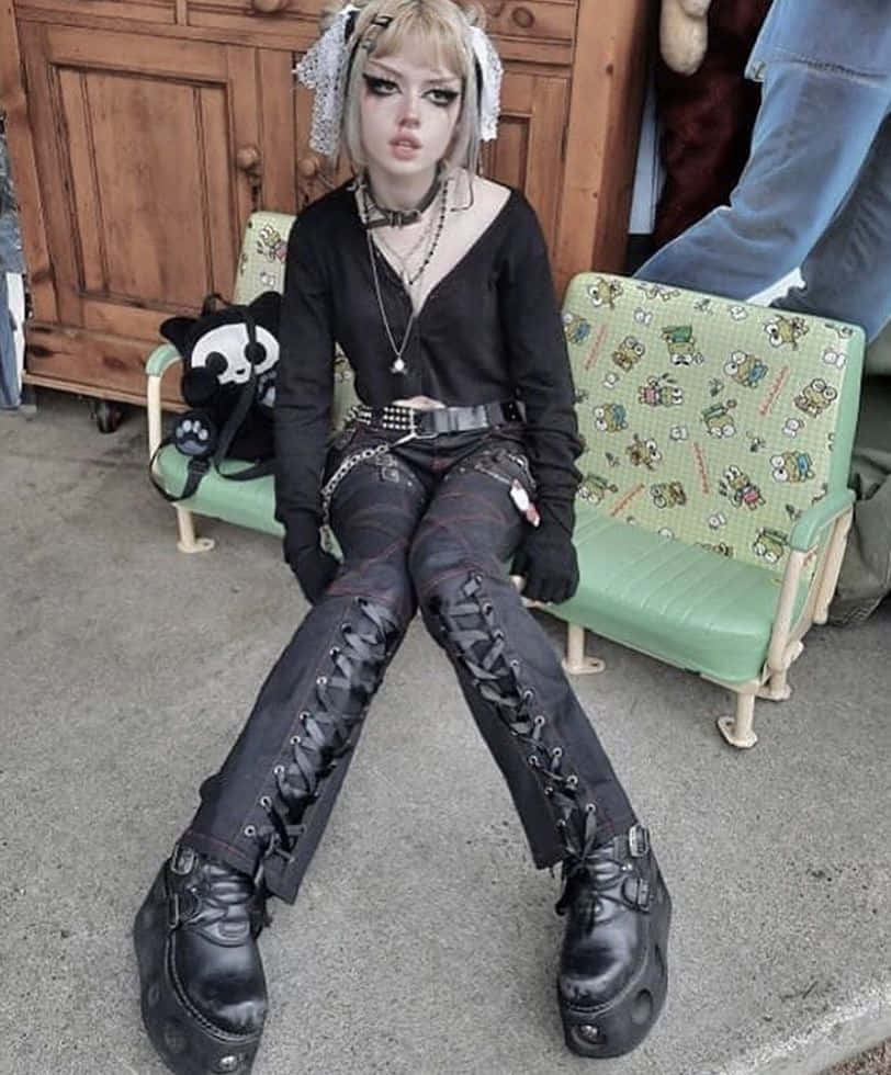 穿著哥德蘿莉塔服裝的人坐在戶外綠色圖案椅子上。
