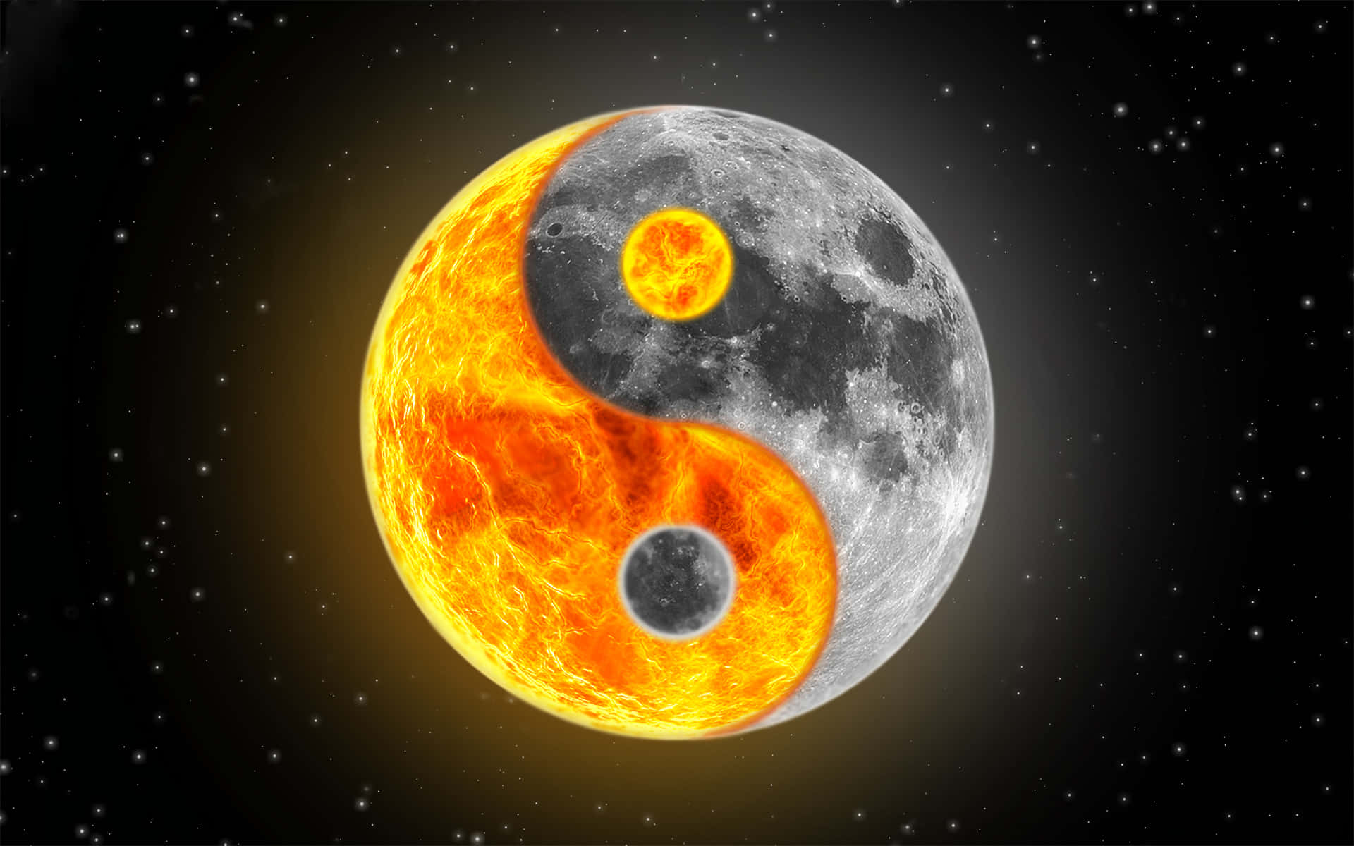 陰陽符號，太陽和月亮兩半在太空中發光。