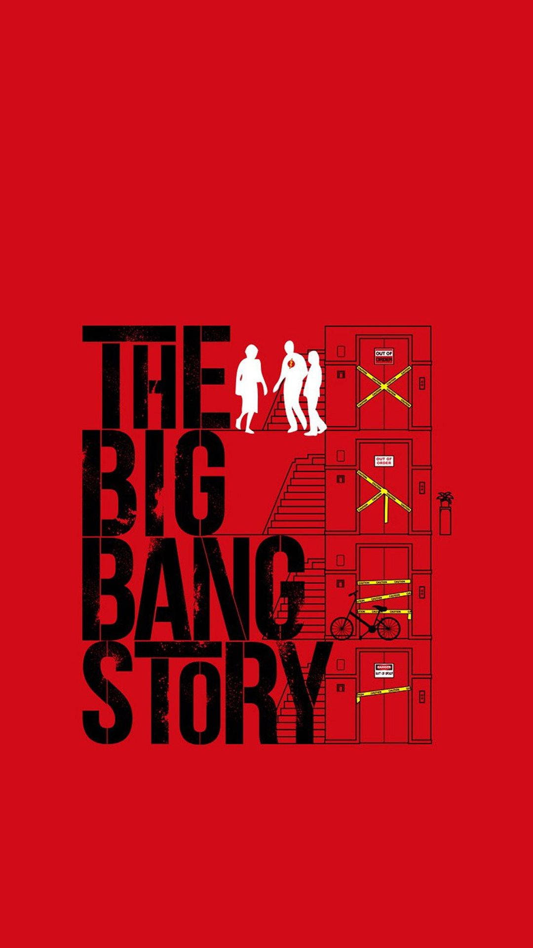 《生活大爆炸》電梯插圖 壁紙 — 大膽的紅色背景，黑色文字「THE BIG BANG STORY」，三個白色剪影走過風格化的公寓大門。
