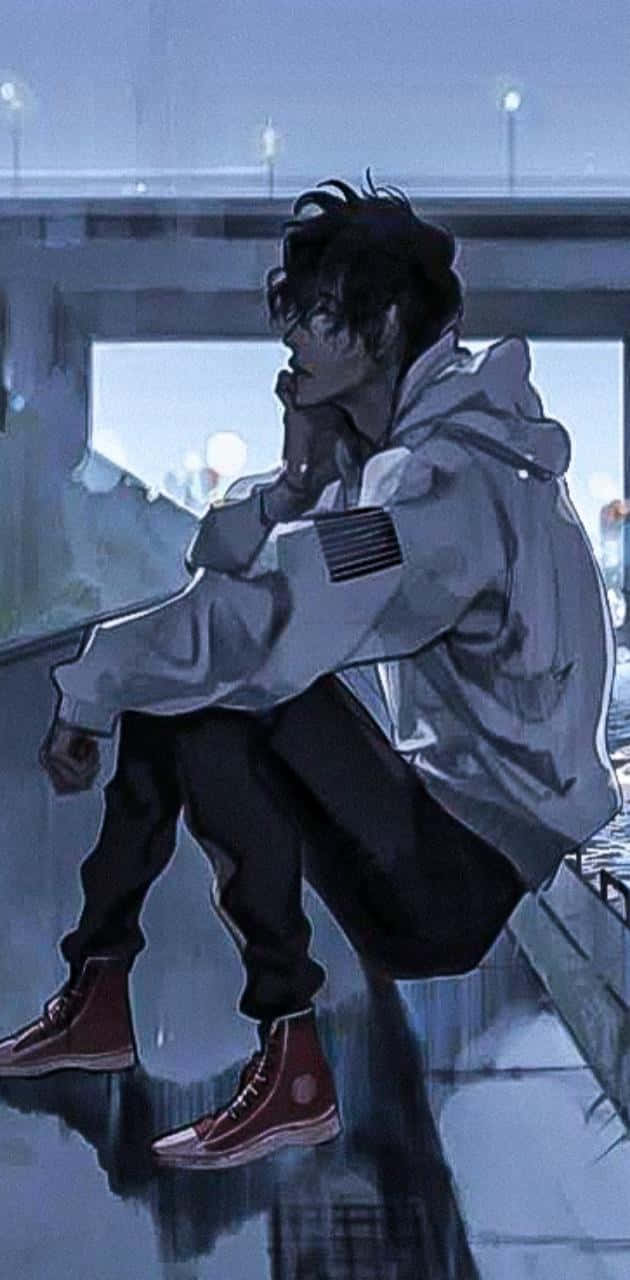 生活或許令人窒息，但你從不孤單 壁紙 — 一個穿著連帽衫的年輕男子，夜晚獨自坐在潮濕的城市邊緣，手托著下巴，在冰冷的藍光下。