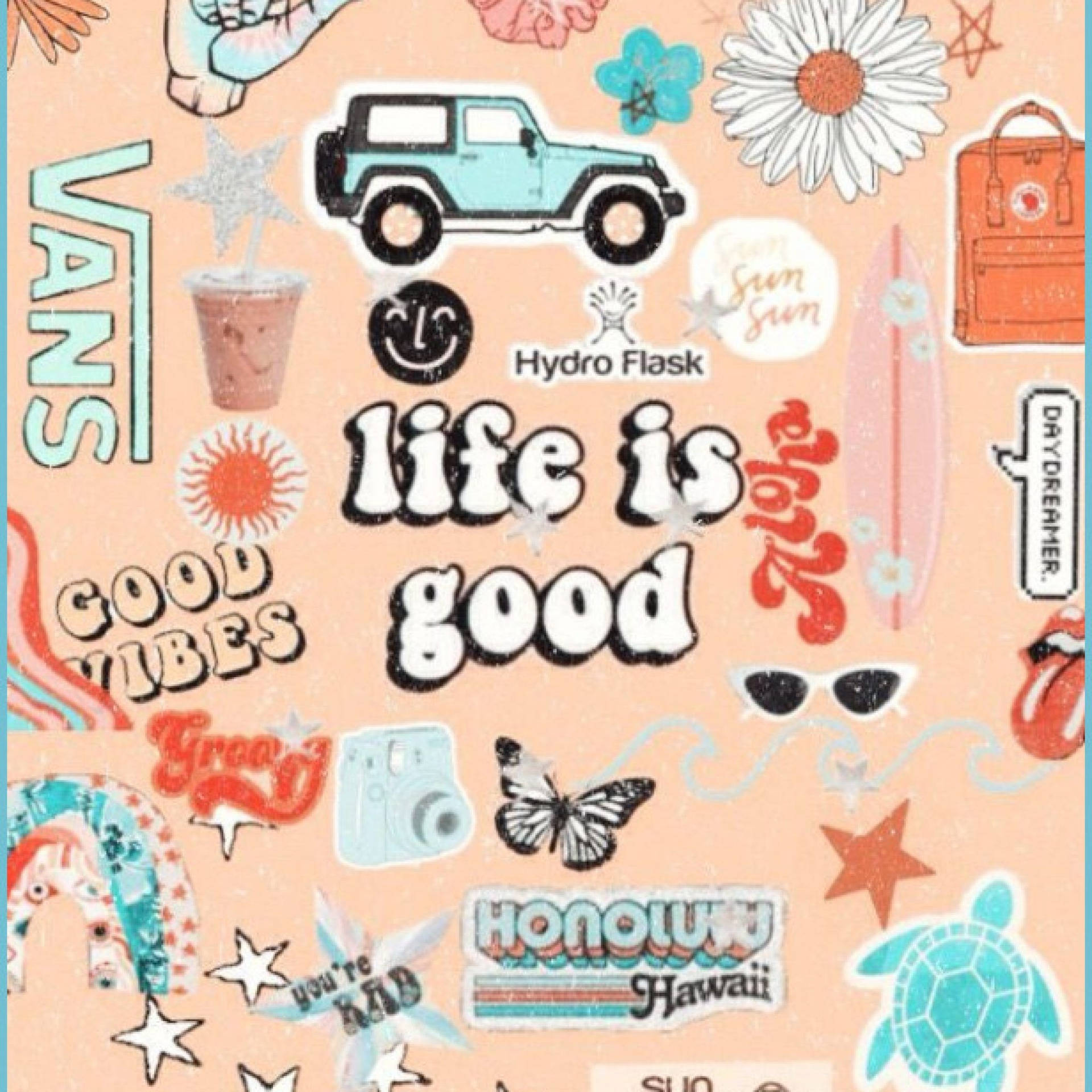 色彩繽紛的貼紙拼貼畫，帶有吉普車衝浪板烏龜和life is good文字。