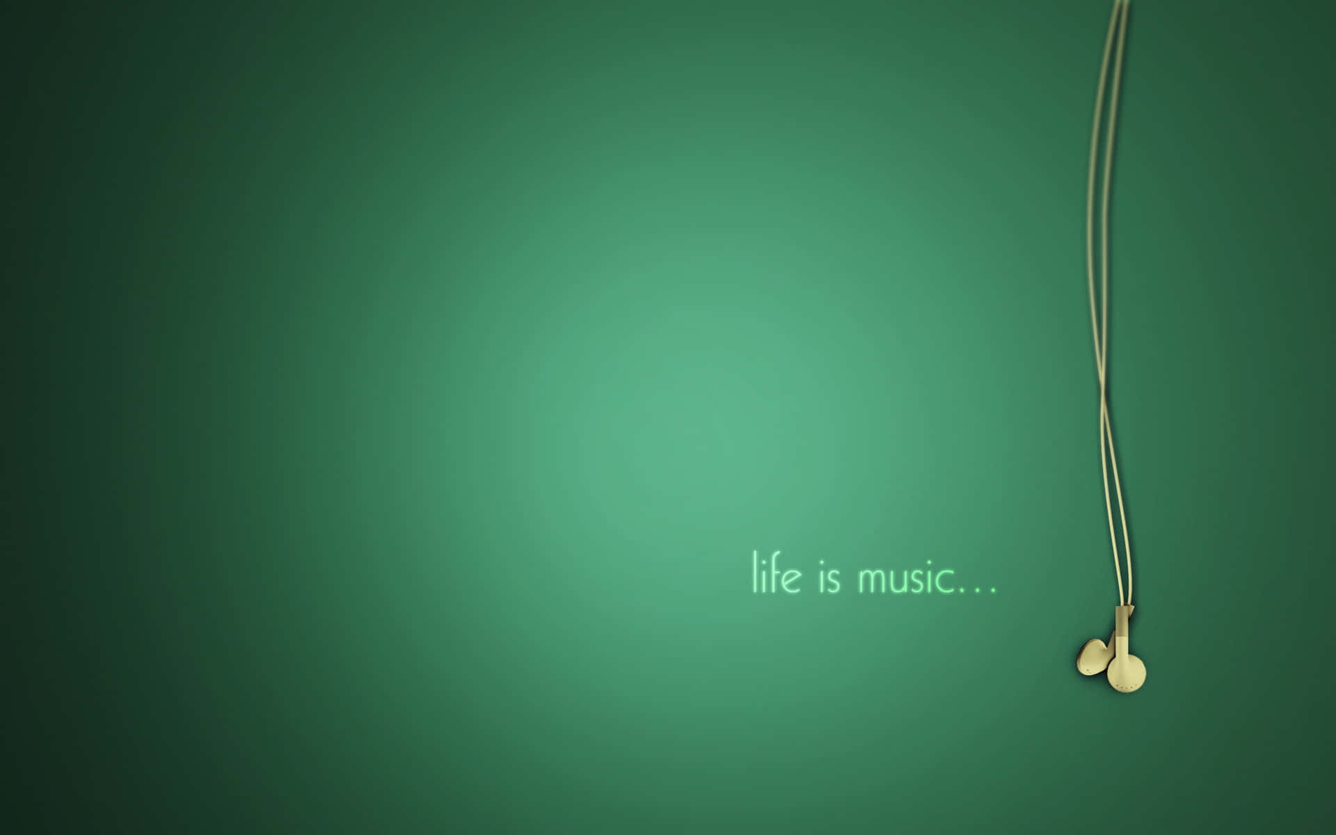 米色耳機懸掛在綠色漸變背景上，帶有「life is music...」文字。