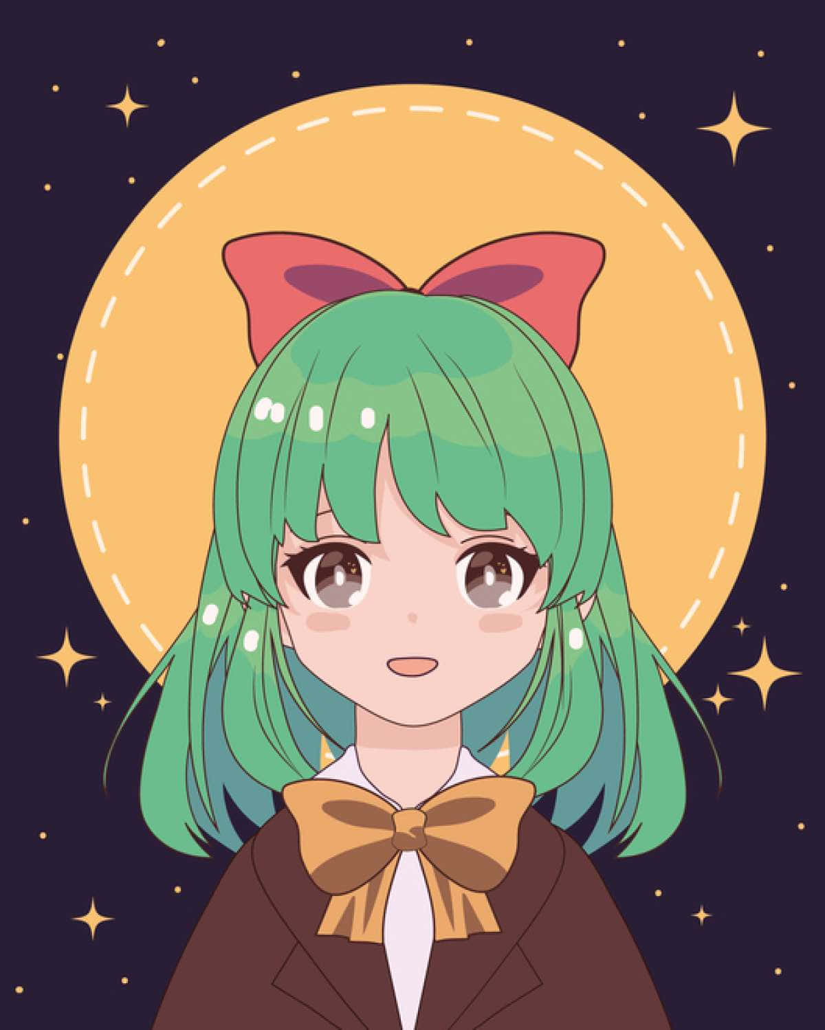 綠色頭髮和紅色蝴蝶結的動漫女孩，在星光燦爛的夜空下，月亮發光。