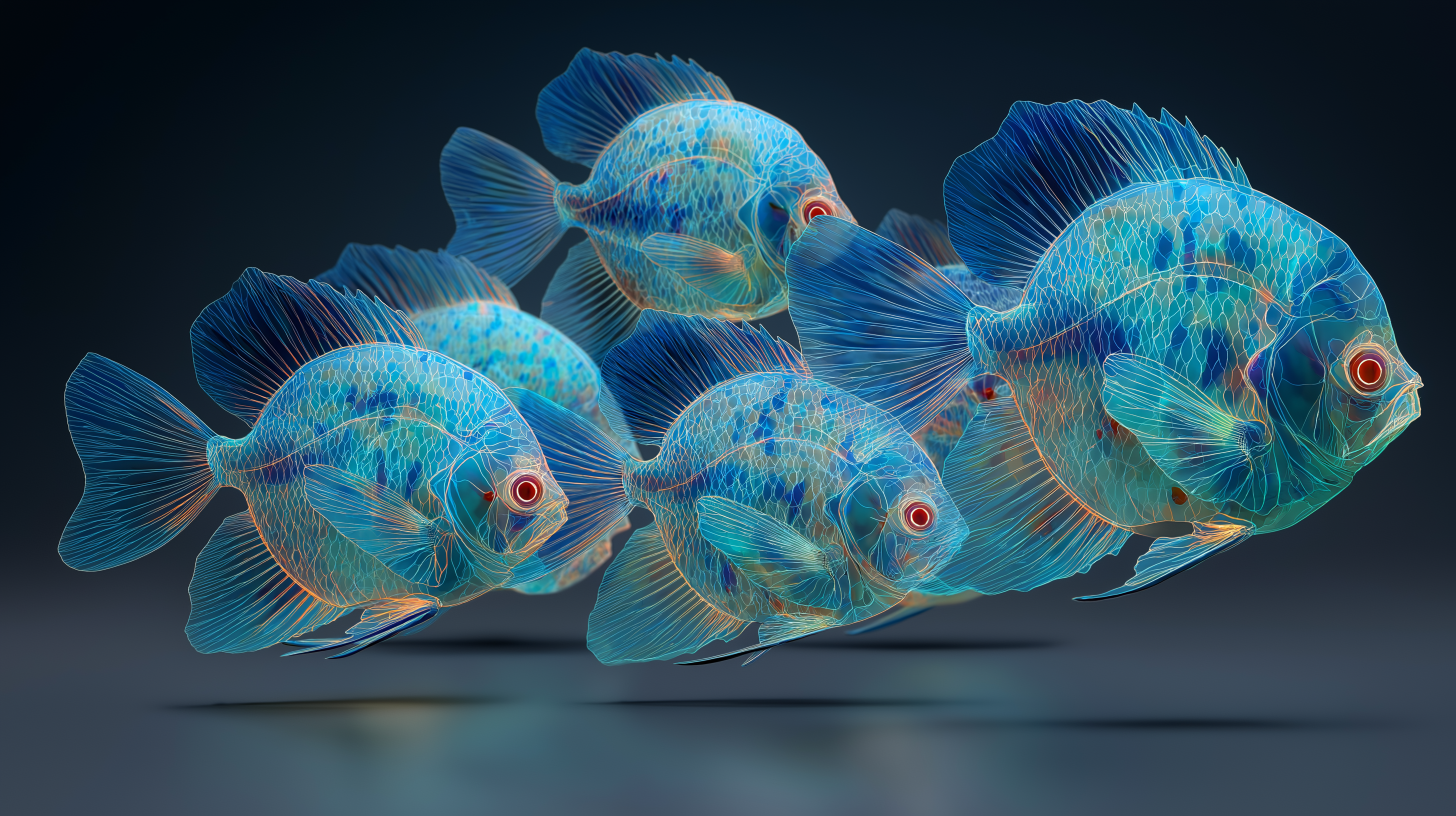 生物熒光深海魚群 壁紙 — 一群半透明藍色魚，帶有發光紅色眼睛，在深色漸變背景中游動。