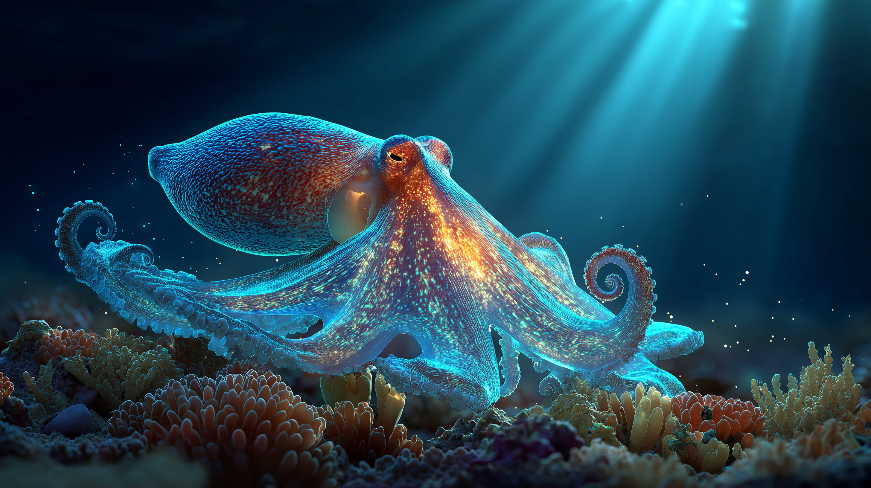 生物熒光章魚珊瑚礁 壁紙 — 一隻發光的章魚帶有虹彩藍色和橙色皮膚，躺在色彩繽紛的珊瑚上，陽光穿透深海。