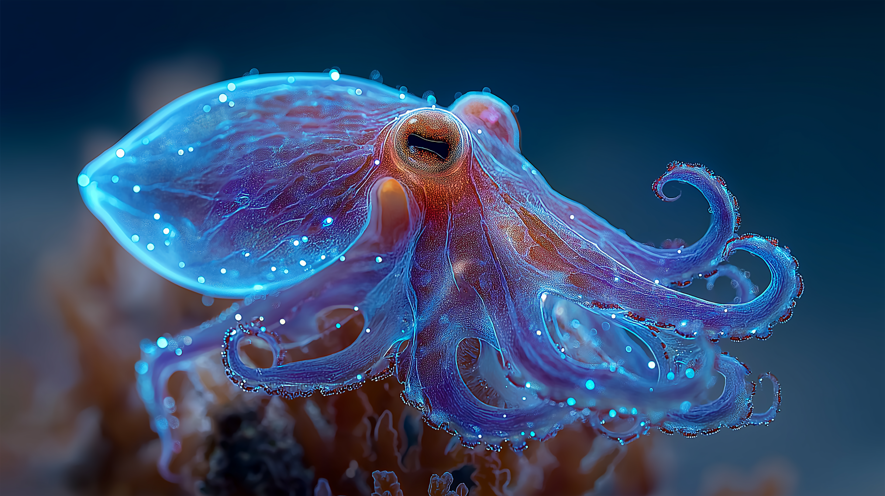 生物熒光章魚珊瑚礁 壁紙 — 一隻發光半透明的章魚，帶有藍色和紫色色調，在深海珊瑚附近優雅地游動。