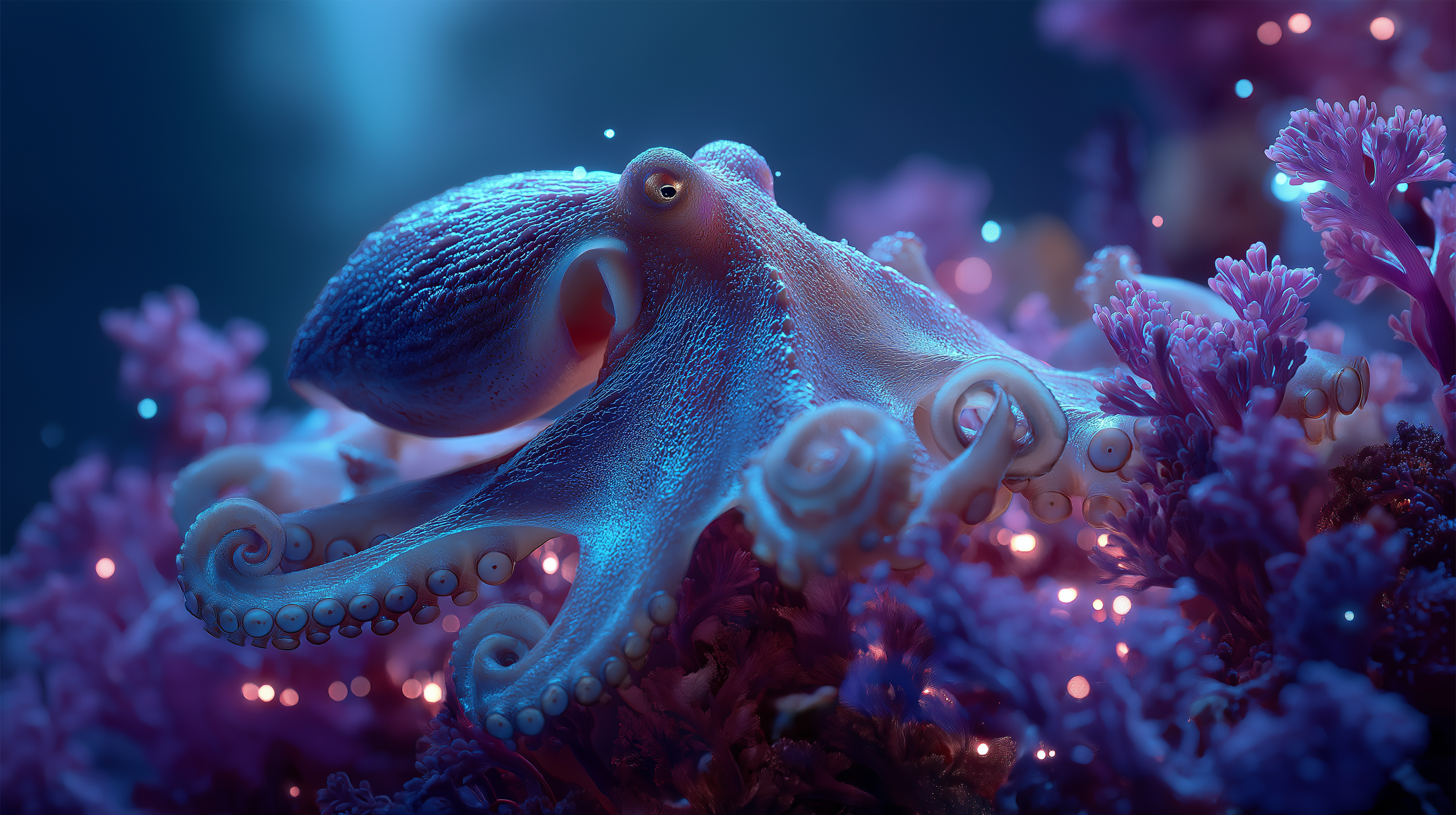生物熒光章魚珊瑚礁 壁紙 — 一隻發光藍色章魚，帶有詳細的吸盤，在深海場景中棲息在鮮豔的紫色珊瑚之間。