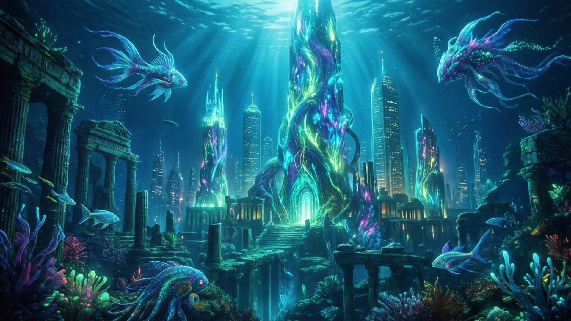 水下城市，發光的塔樓和色彩繽紛的魚類在珊瑚遺跡中。