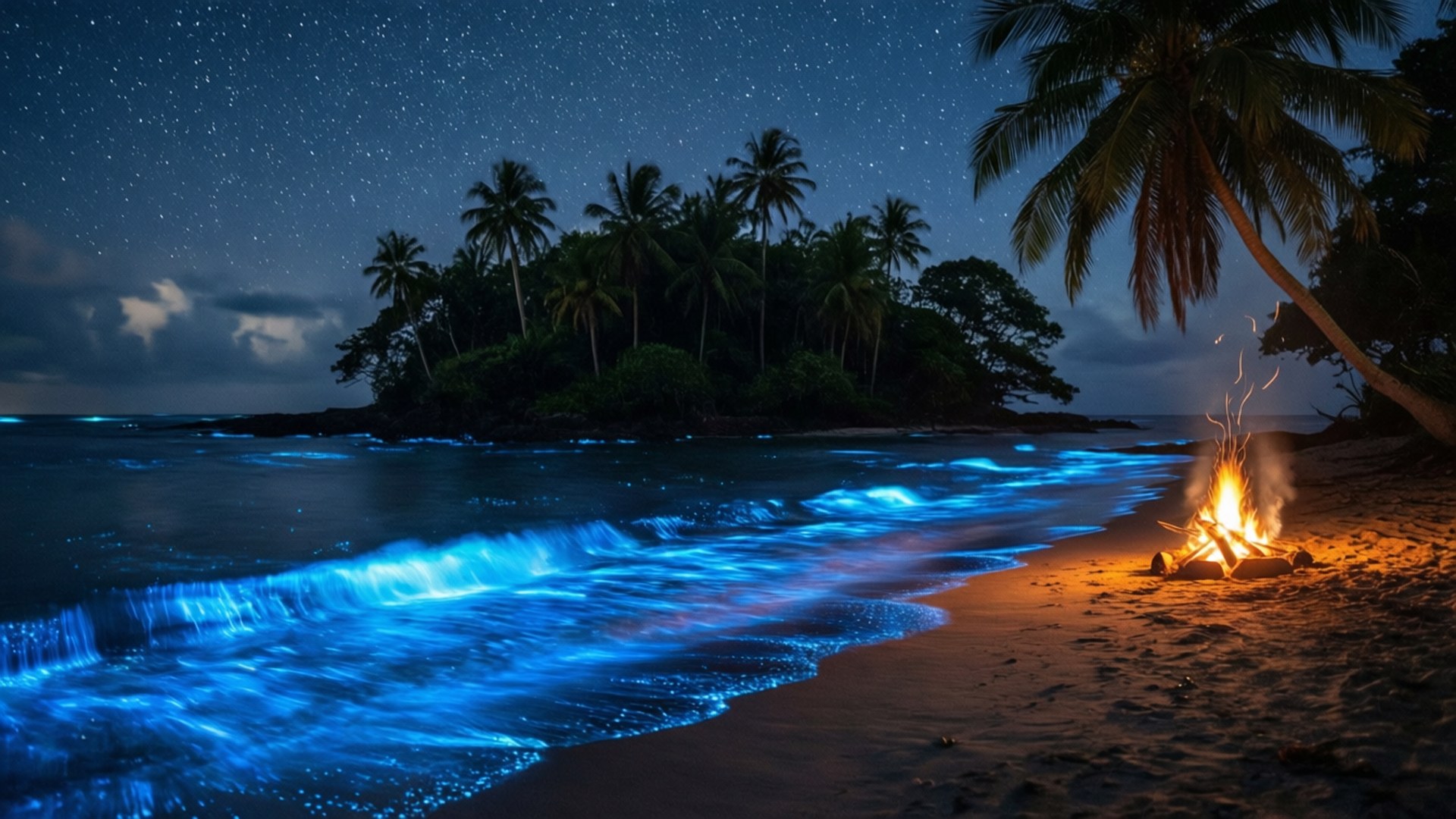 沙灘上的篝火，背後有發光的藍色海浪和星空，棕櫚樹在遠方