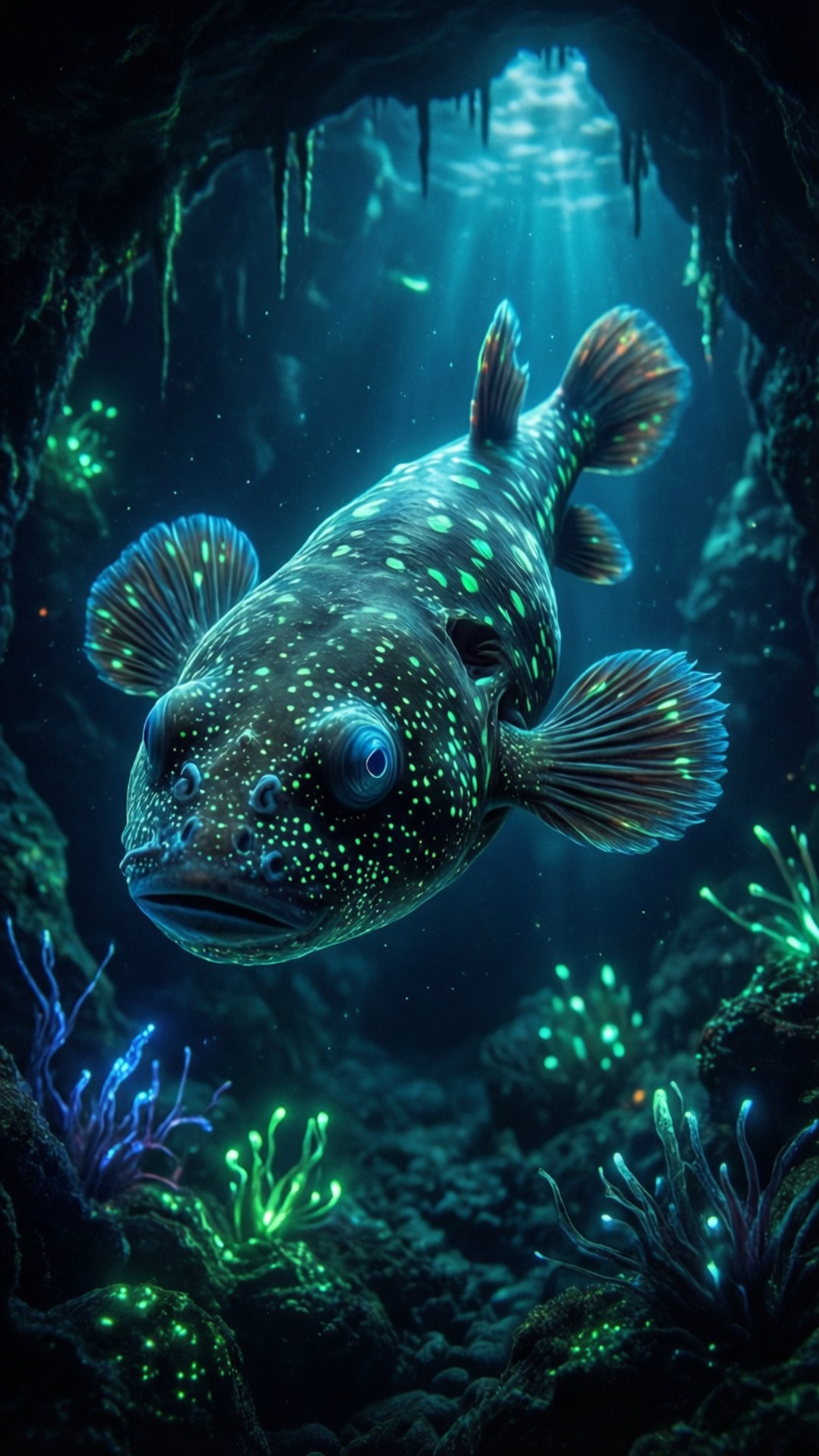 生物發光洞穴腔棘魚 壁紙 — 一條發光的斑點魚在陽光照耀的水下洞穴中游動，周圍有生物發光的珊瑚和懸垂的卷鬚。