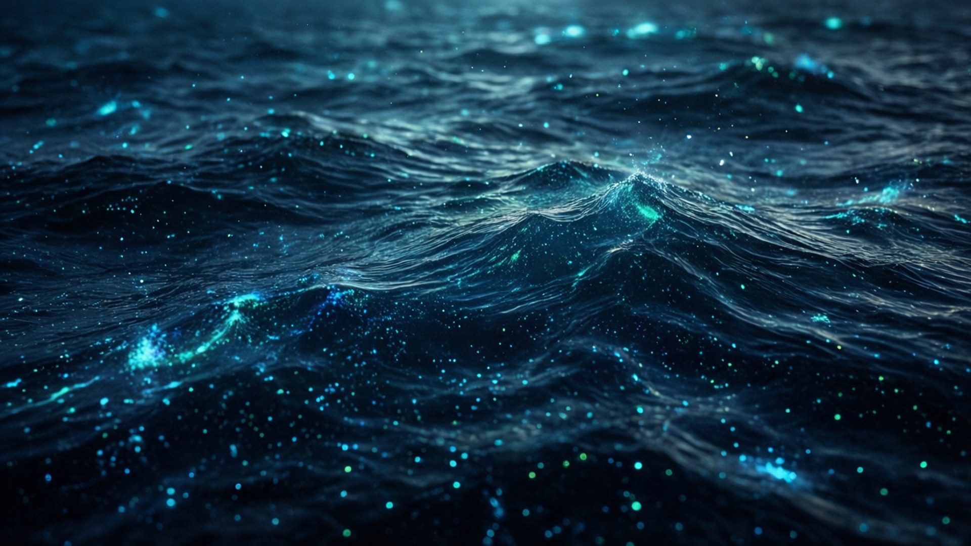 生物發光深海 壁紙 — 深藍色暮色下，深色海浪泛起發光的綠松石粒子漣漪。