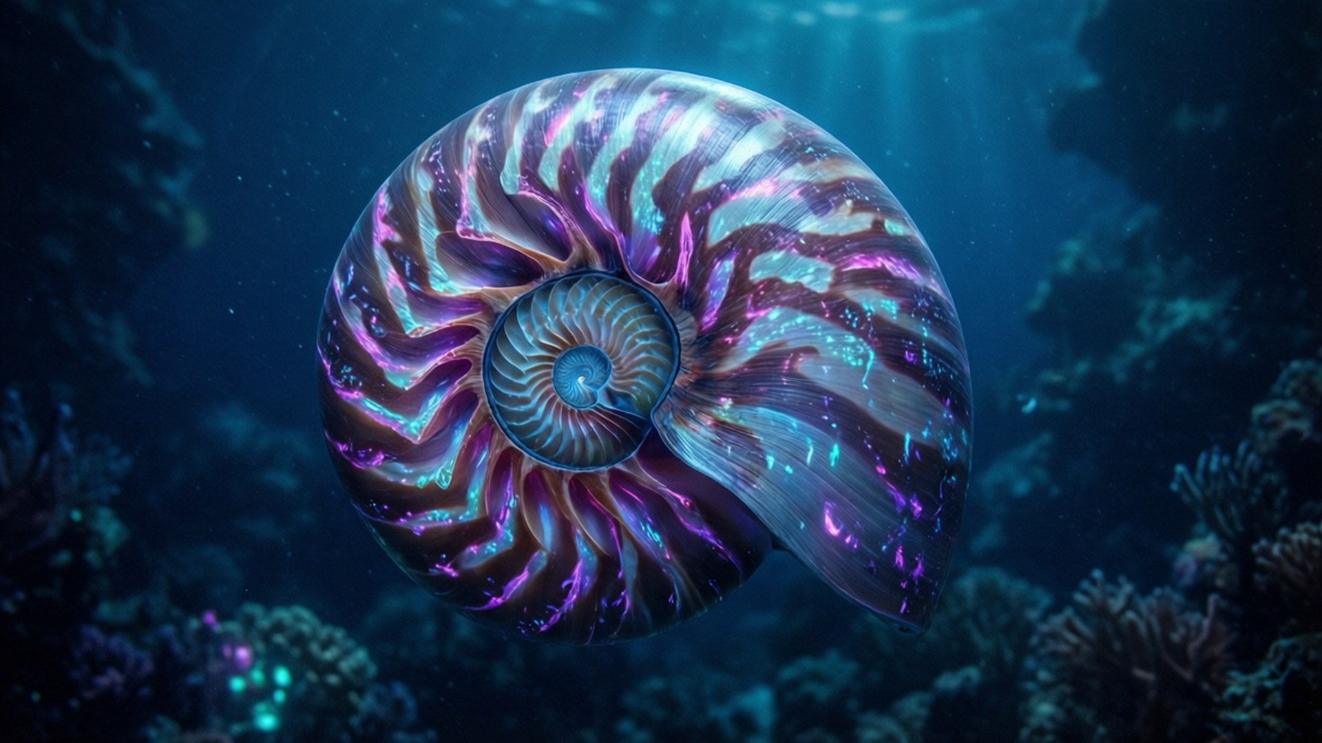 生物發光深海鸚鵡螺 壁紙 — 一個發光的鸚鵡螺殼，帶有虹彩紫色和藍色圖案，在藍色光芒籠罩的深海珊瑚礁中游動。