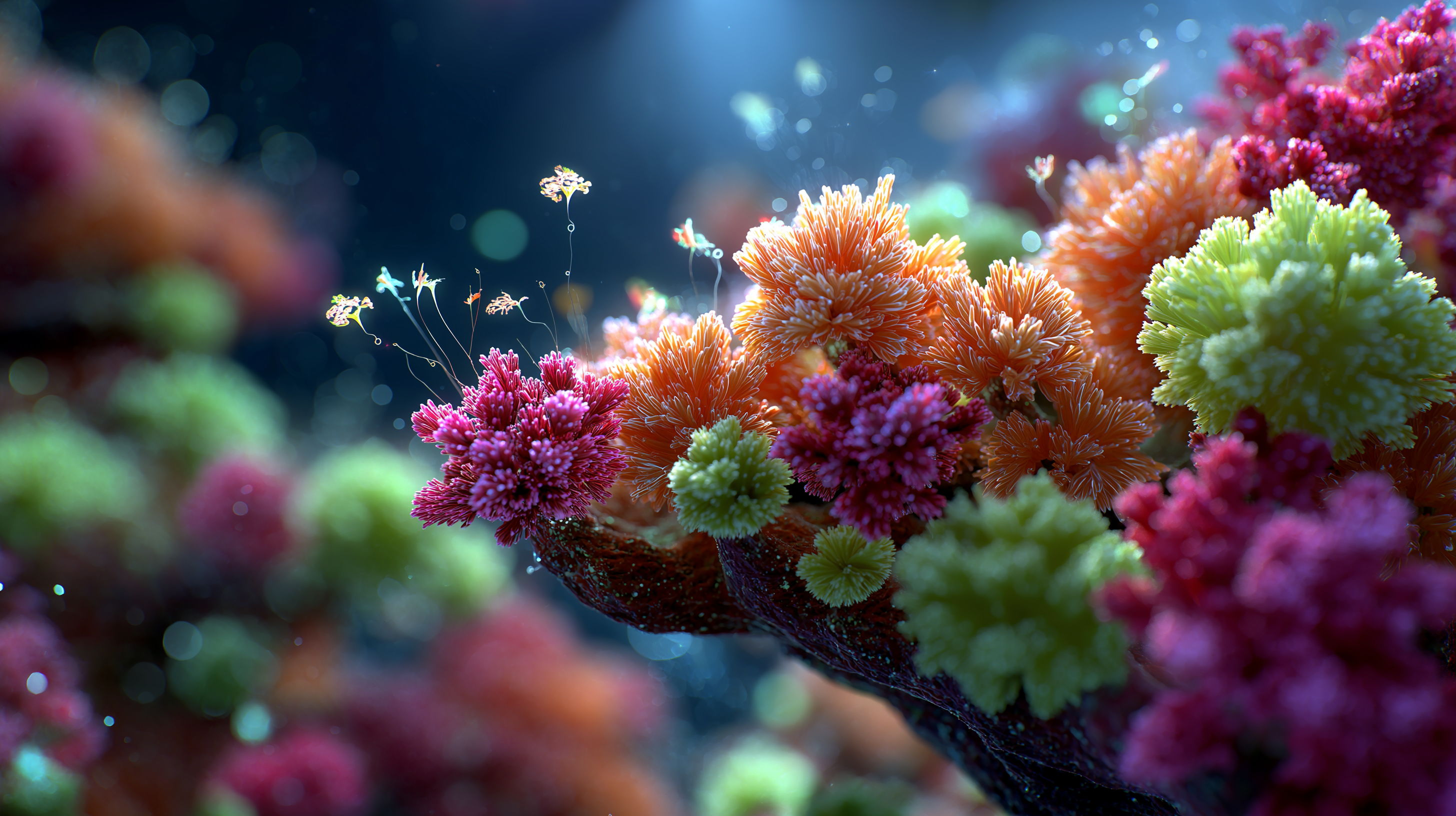 生物發光珊瑚森林 壁紙 — 鮮豔的粉紅色、橙色和綠色的珊瑚結構在水下光線中發光，帶有漂浮的顆粒。