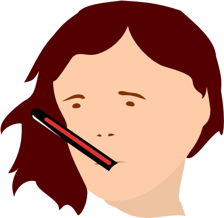 生病人士量體溫插畫 壁紙 — 一個紅髮人物將溫度計放到嘴邊的風格化插圖。