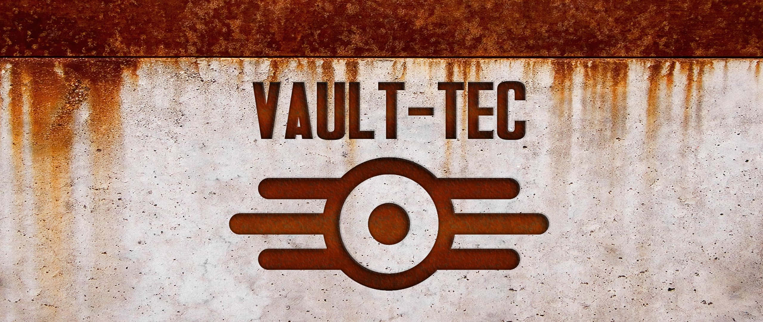Vault-tec 桌布 壁紙 — 生鏽的金屬標誌在風化的混凝土牆上顯示Vault-Tec標誌，帶有橙色腐蝕條紋。