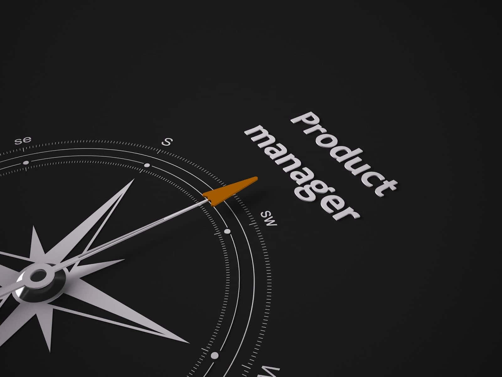 指南針指針指向深色背景上的 product manager 文字。