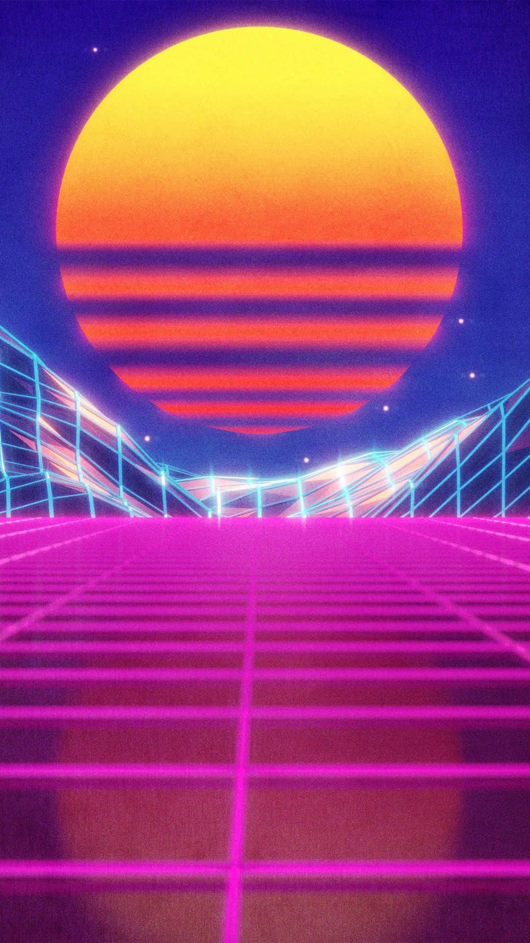 復古未來主義場景，巨大的太陽懸掛在發光的網格和霓虹結構之上。