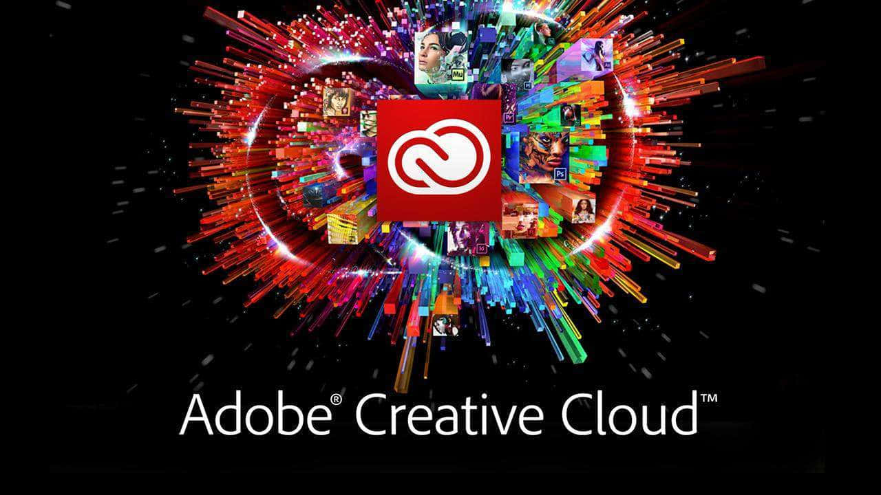 Adobe Creative Cloud 標誌被鮮豔的數位粒子和媒體縮圖環繞。