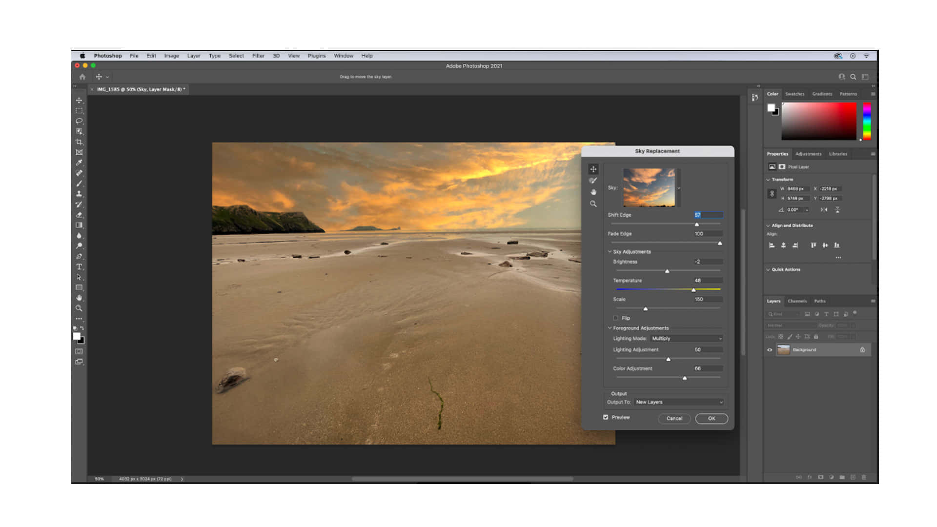 Photoshop 使用天空替換工具編輯海灘日落照片。