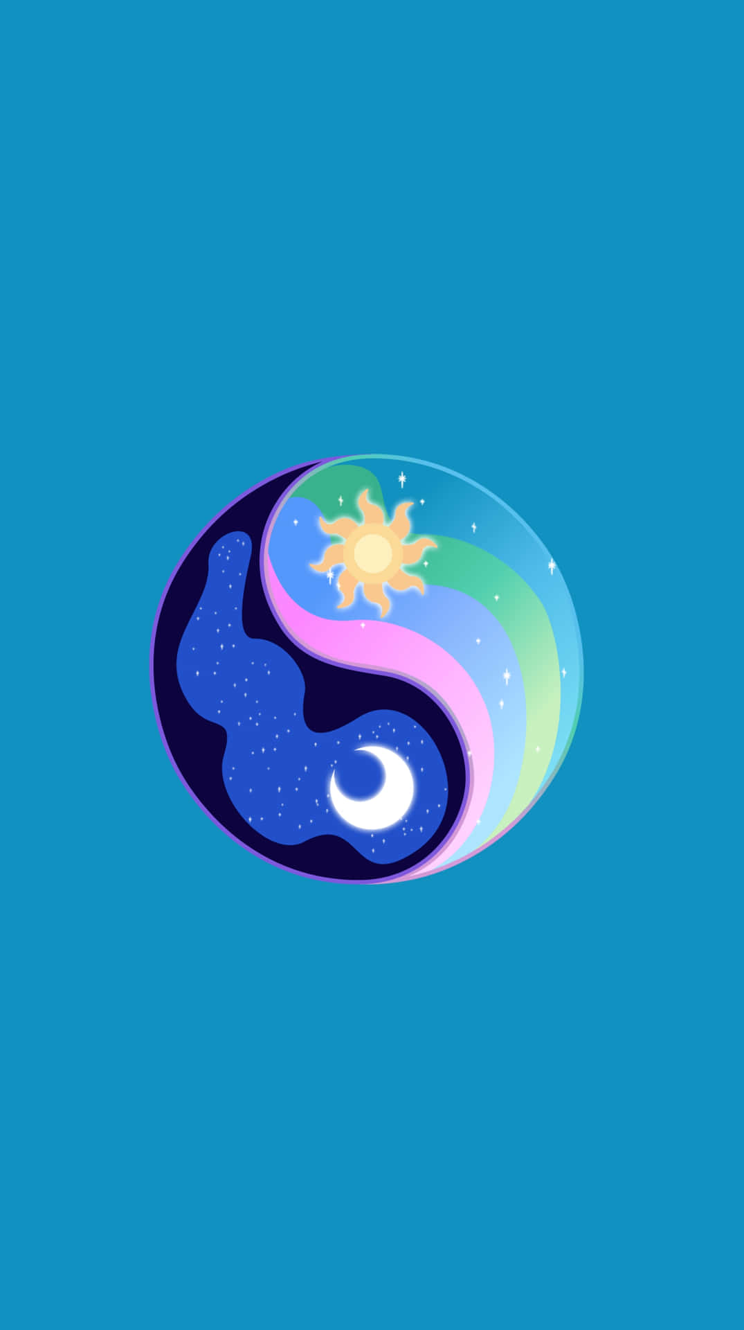一個色彩繽紛的陰陽符號，太陽和月亮在發光的球體內，背景是青綠色。