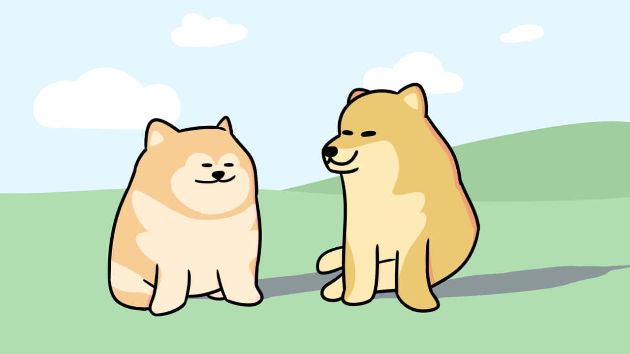 兩隻微笑嘅卡通柴犬坐喺綠色草地上，天空藍色有雲。