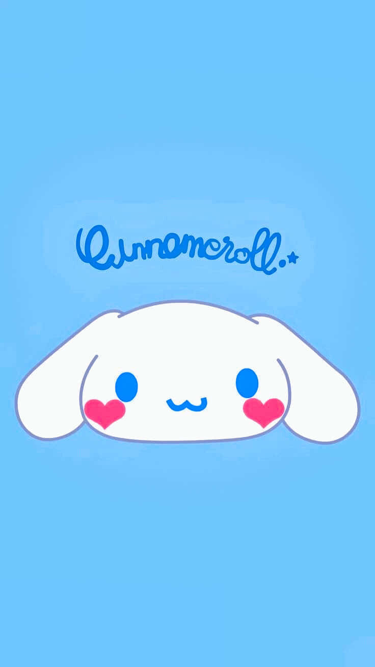 用 Cinnamoroll 手機，把自拍功力提升到新境界！ 壁紙 — 一隻可愛的白色卡通狗，藍色眼睛和粉紅色心形臉頰，從純藍色背景中探出頭來，上方寫著它的名字。