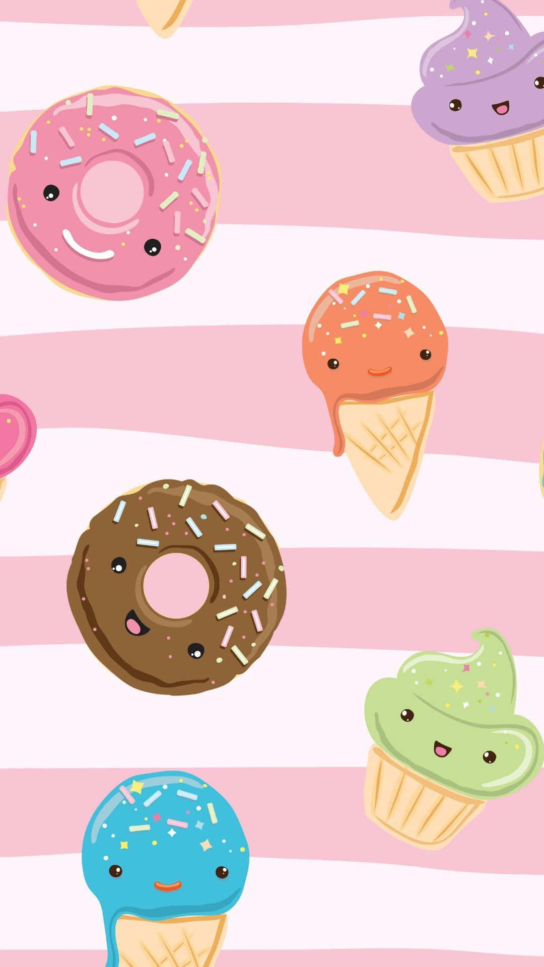 用「Cute Food iPhone」烹飪下一頓美味佳餚 壁紙 — 可愛卡通甜品帶有表情，漂浮在粉紅和白色條紋上，形成有趣的圖案。