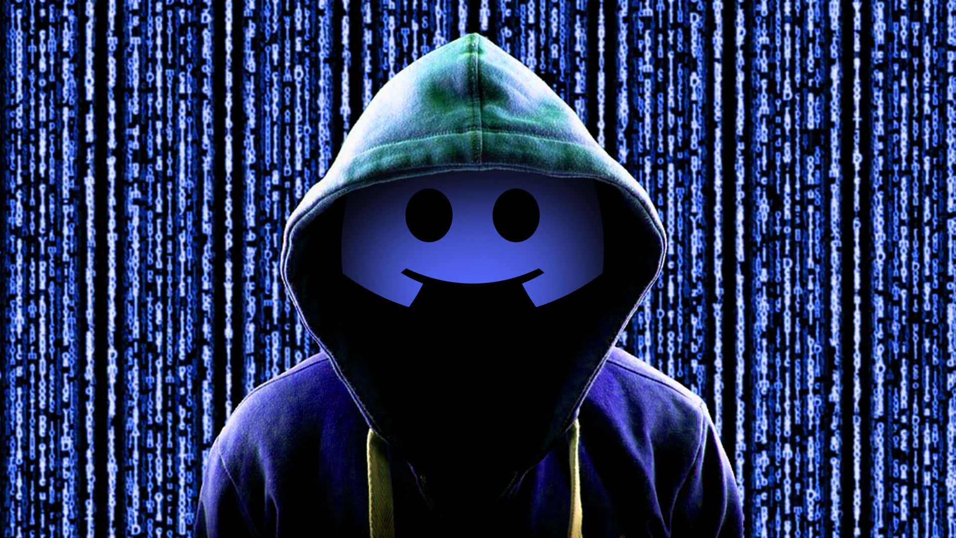 用 Discord 將社群凝聚在一起 壁紙 — 一個戴著兜帽、戴著發光笑臉面具的人物站在層疊的藍色數位代碼前。
