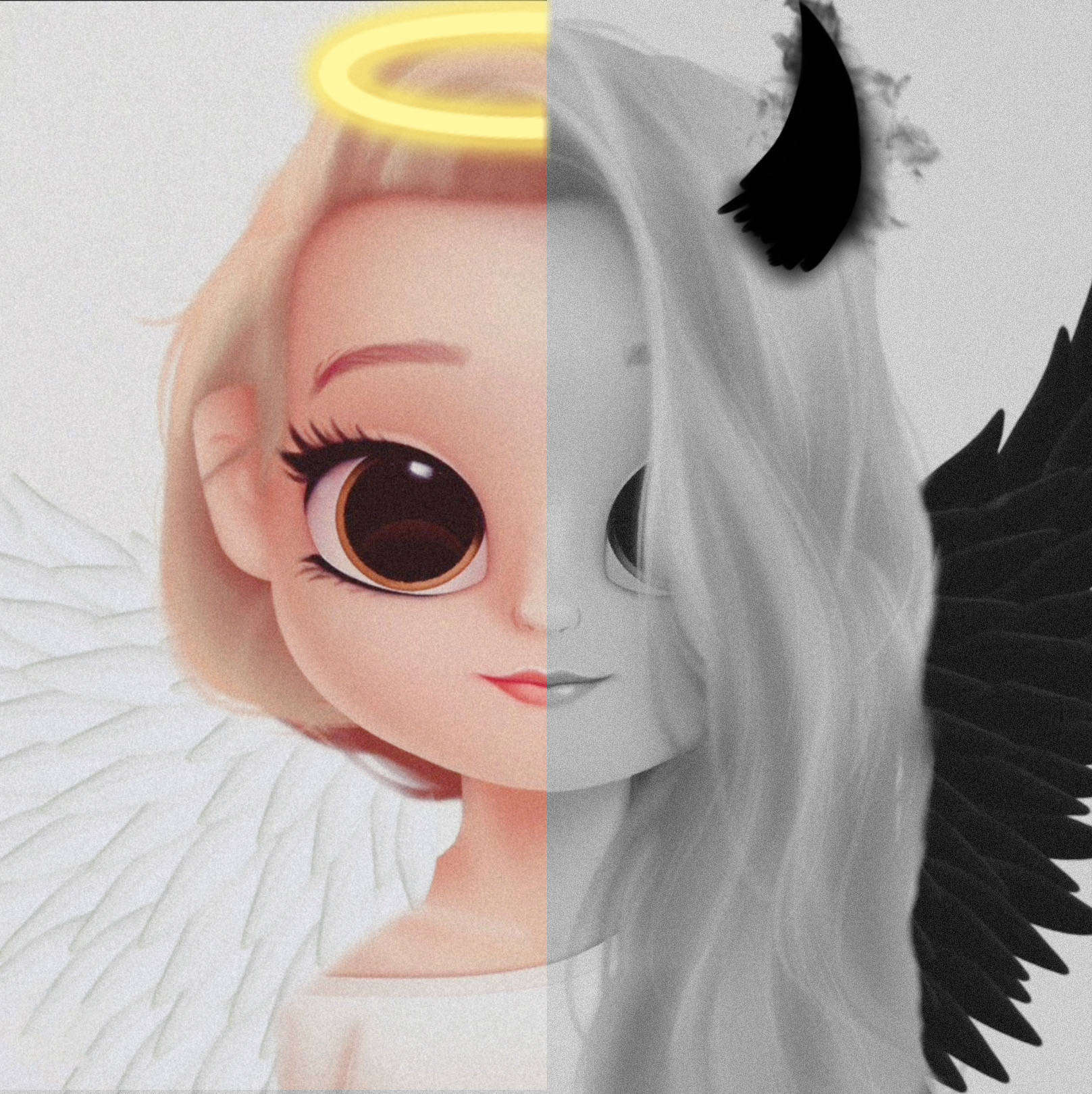 動漫女孩分成天使和惡魔兩半，翅膀和光環形成對比。