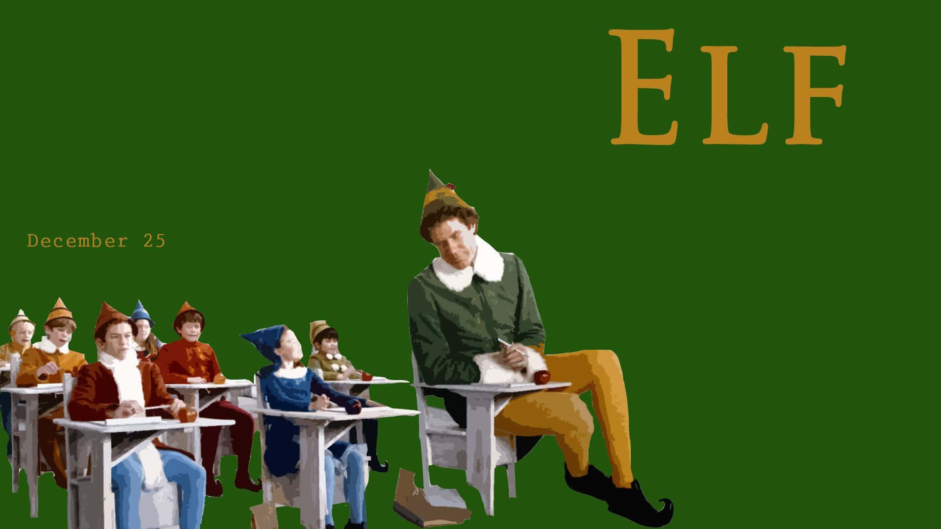 用 Elf Zoom 感受魔法聖誕 壁紙 — 一個奇特的課室場景，有一位疲倦的精靈老師和戴著節日帽的學生坐在書桌前，背景為綠色，帶有「ELF」和「December 25」文字。