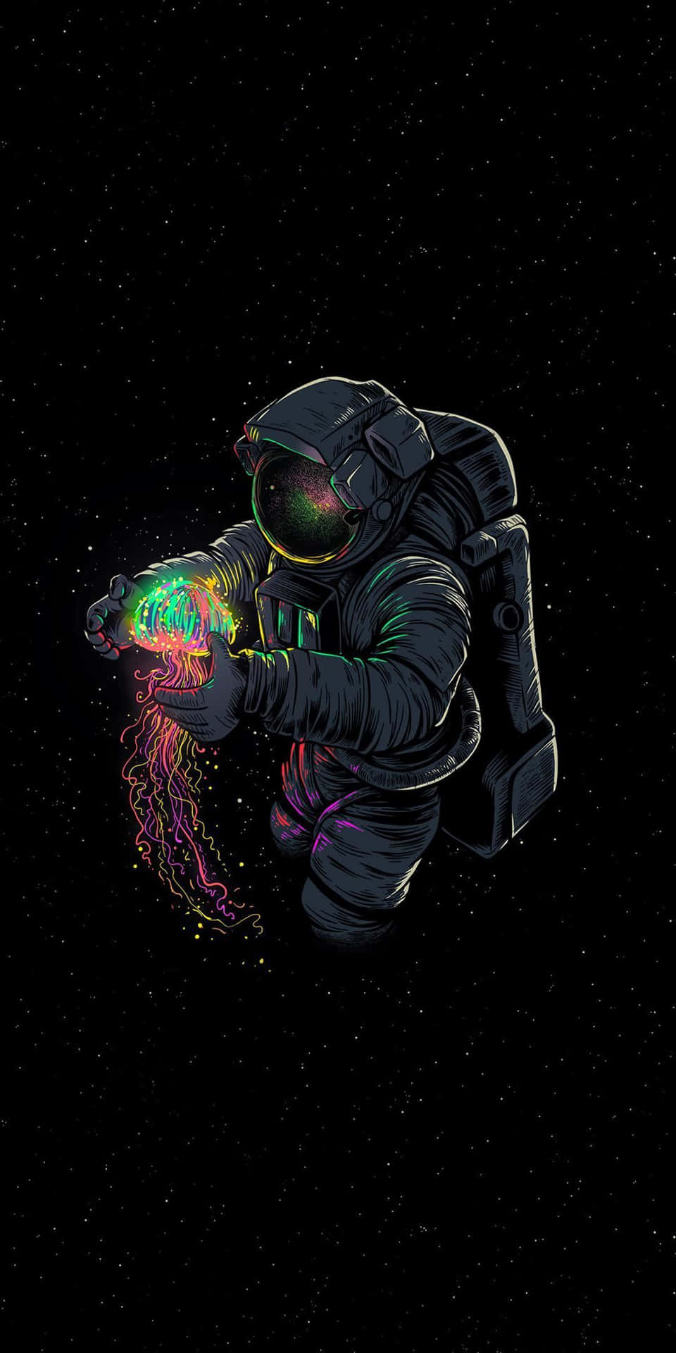 漂浮在太空中的太空人手持發光霓虹水母。