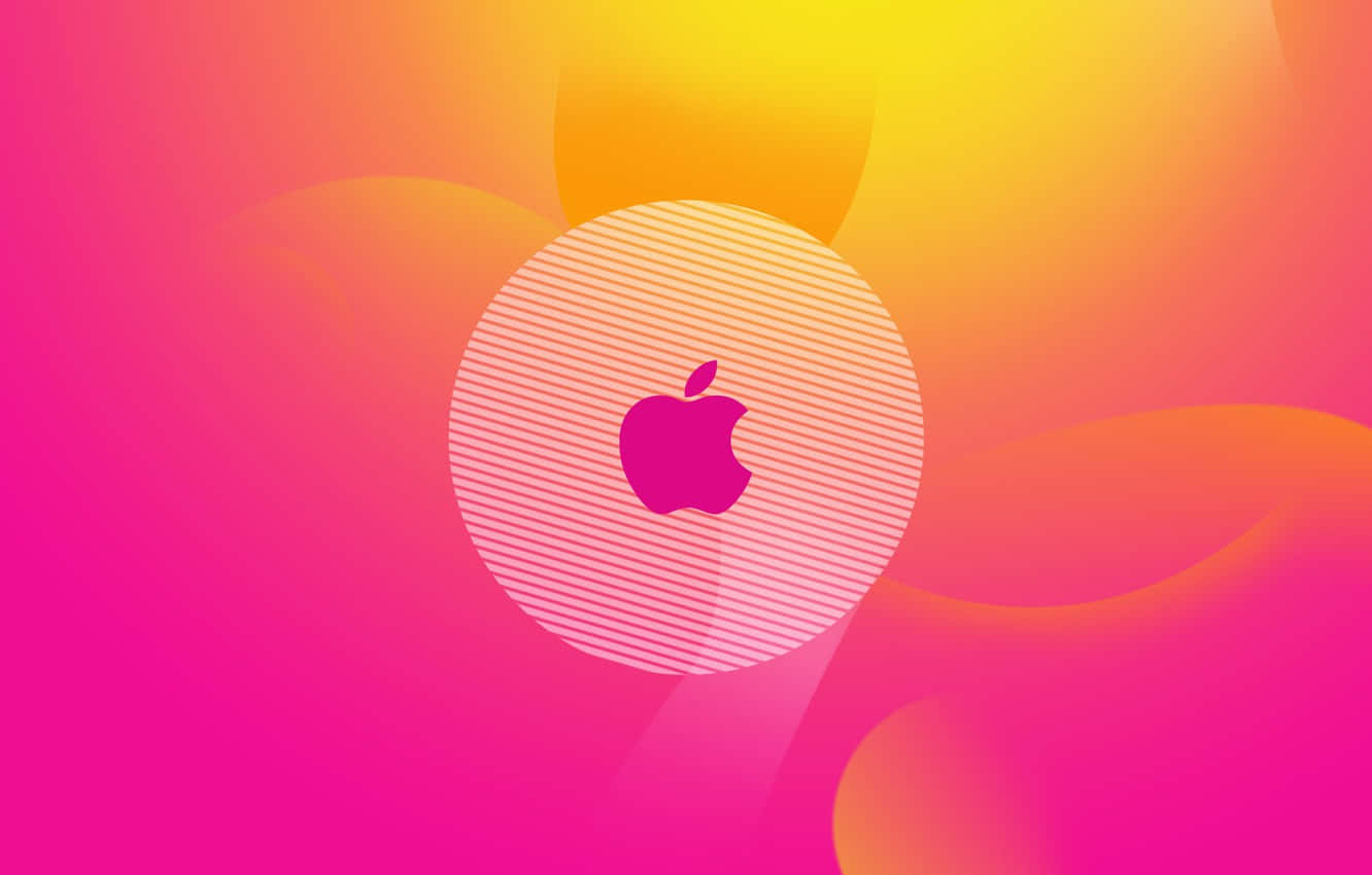 粉紅和黃色漸變的Apple標誌，帶條紋圓圈背景