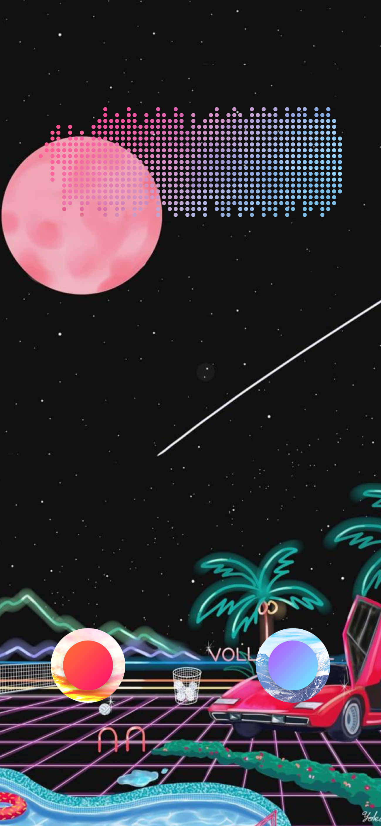 用 Graphic iPhone 激發創意 壁紙 — 一個充滿霓虹燈的復古未來場景，有粉紅色的月亮、棕櫚樹和一輛紅色汽車在發光的網格上，背景是星空。
