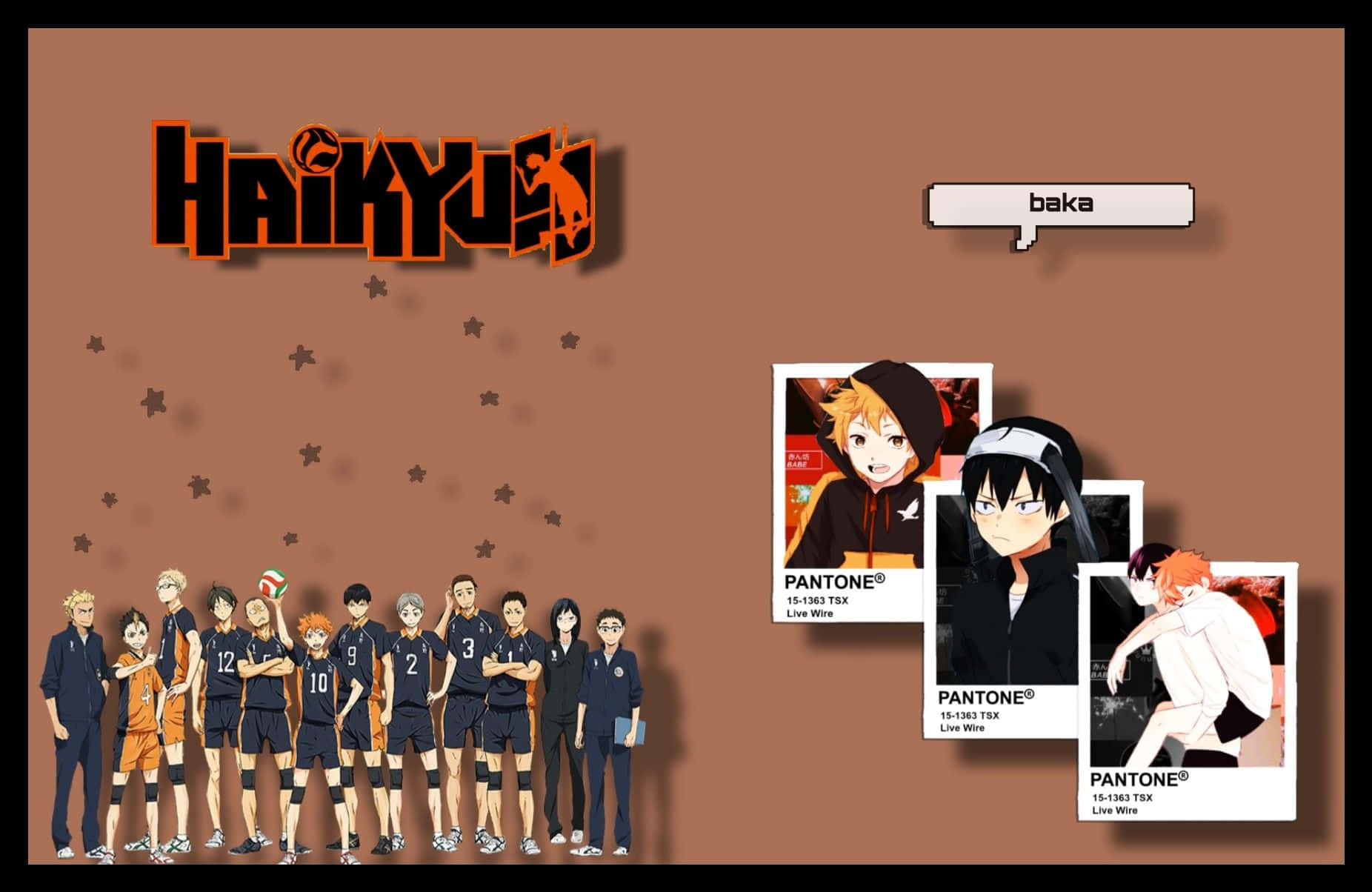 Haikyuu!! 動畫排球隊同角色相片，帶有「baka」對話氣泡。