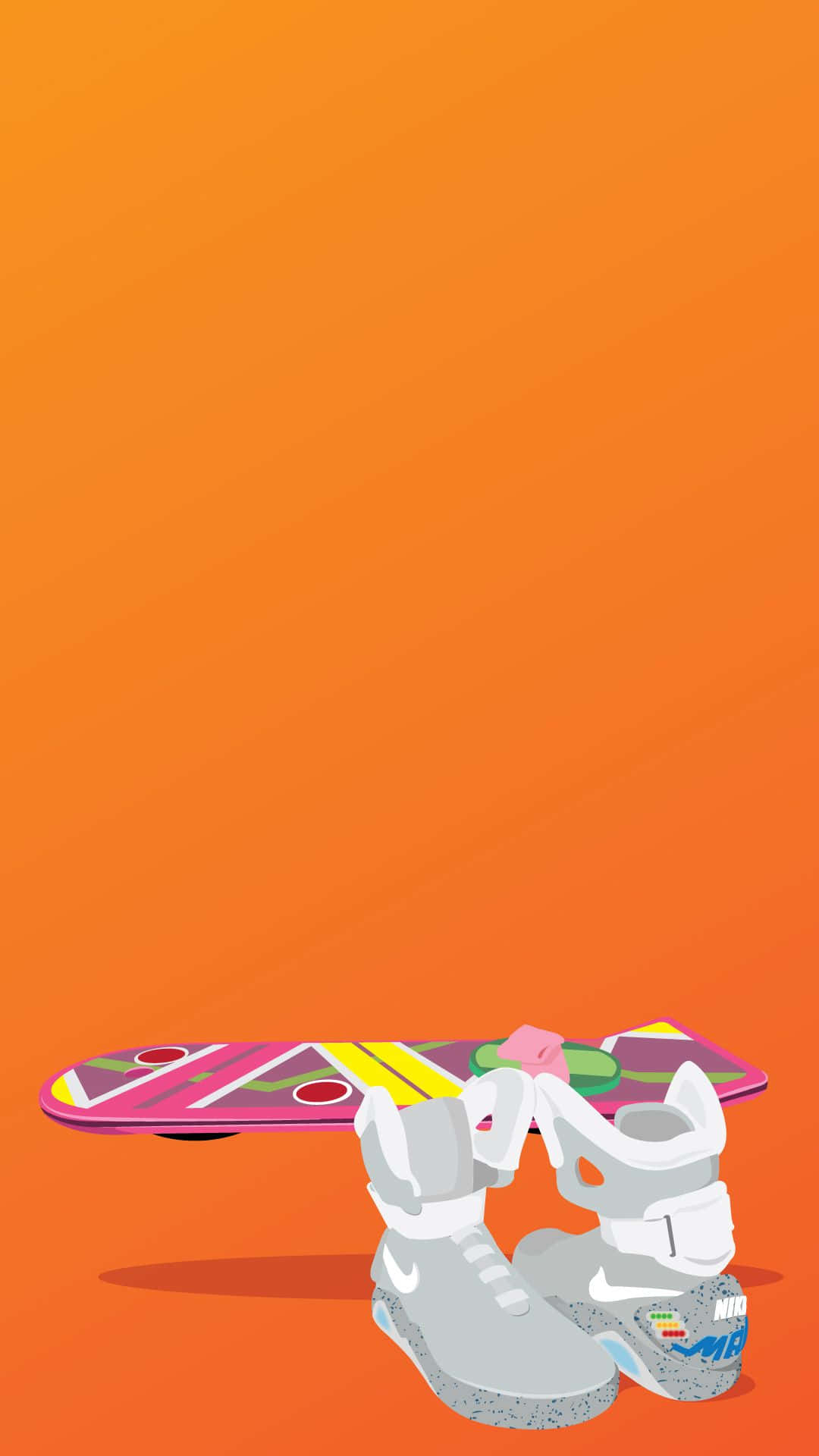 用 Hypebeast 提升你的街頭時尚 壁紙 — 一對灰色Nike Air Mag運動鞋，後面有一個彩色懸浮滑板，背景為純橙色。