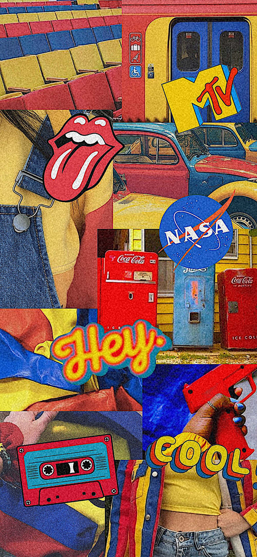 復古拼貼， featuring 滾石樂隊舌頭、MTV標誌、NASA和可口可樂自動售貨機。