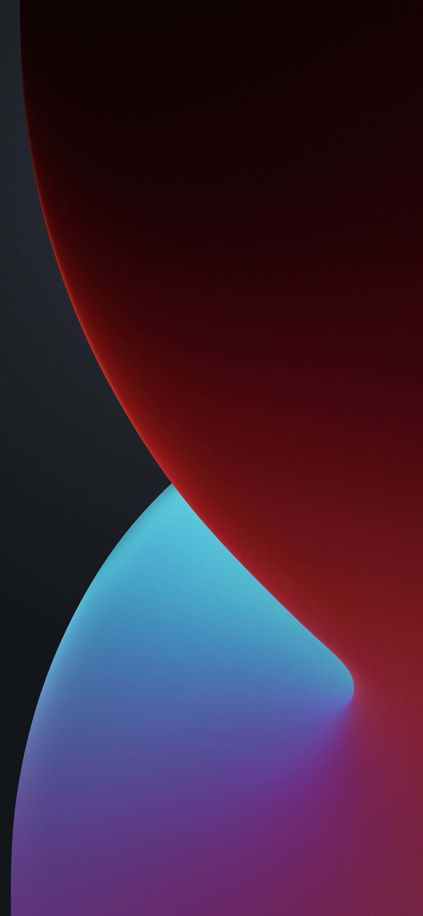 用 iOS 14 將你的 iPhone 提升至全新個人化層次 壁紙 — 充滿活力的紅色和藍色抽象曲線在深色背景上柔和地融合，呈現出極簡的數位藝術作品。