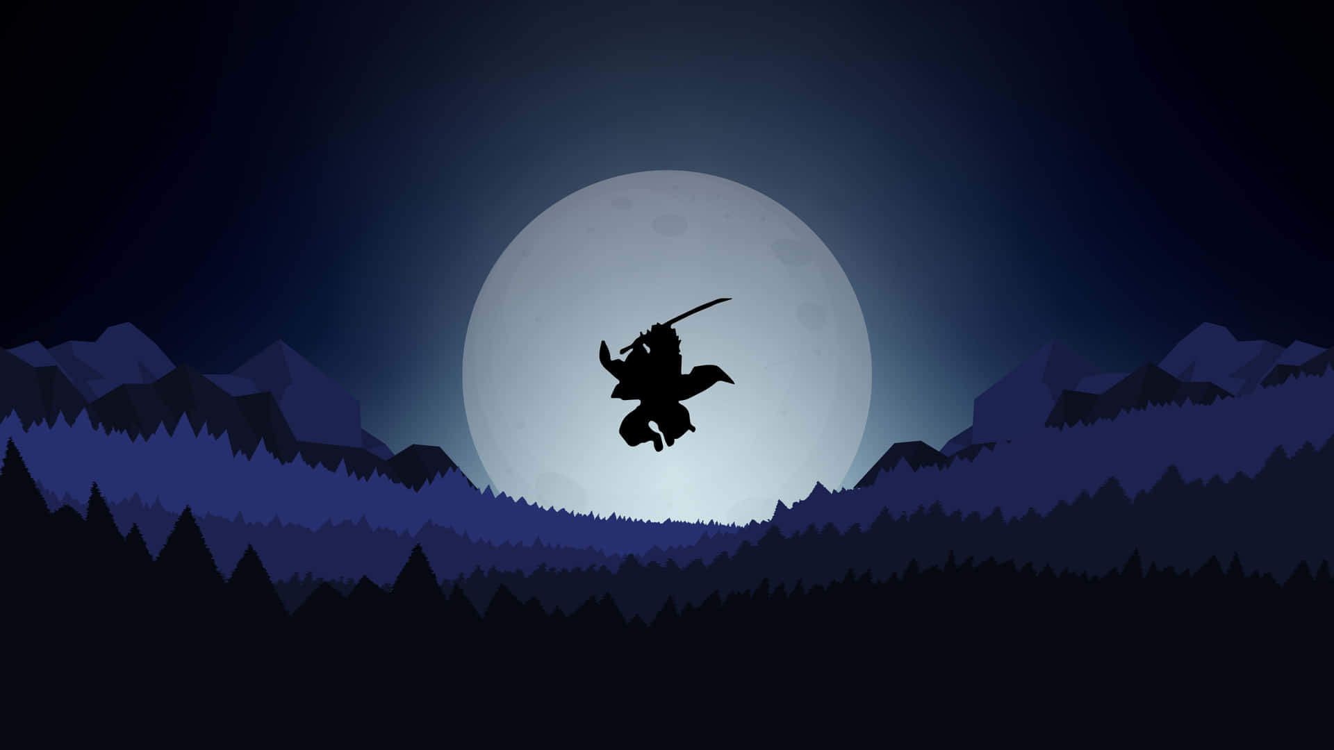 滿月之夜，忍者剪影躍過山脈。