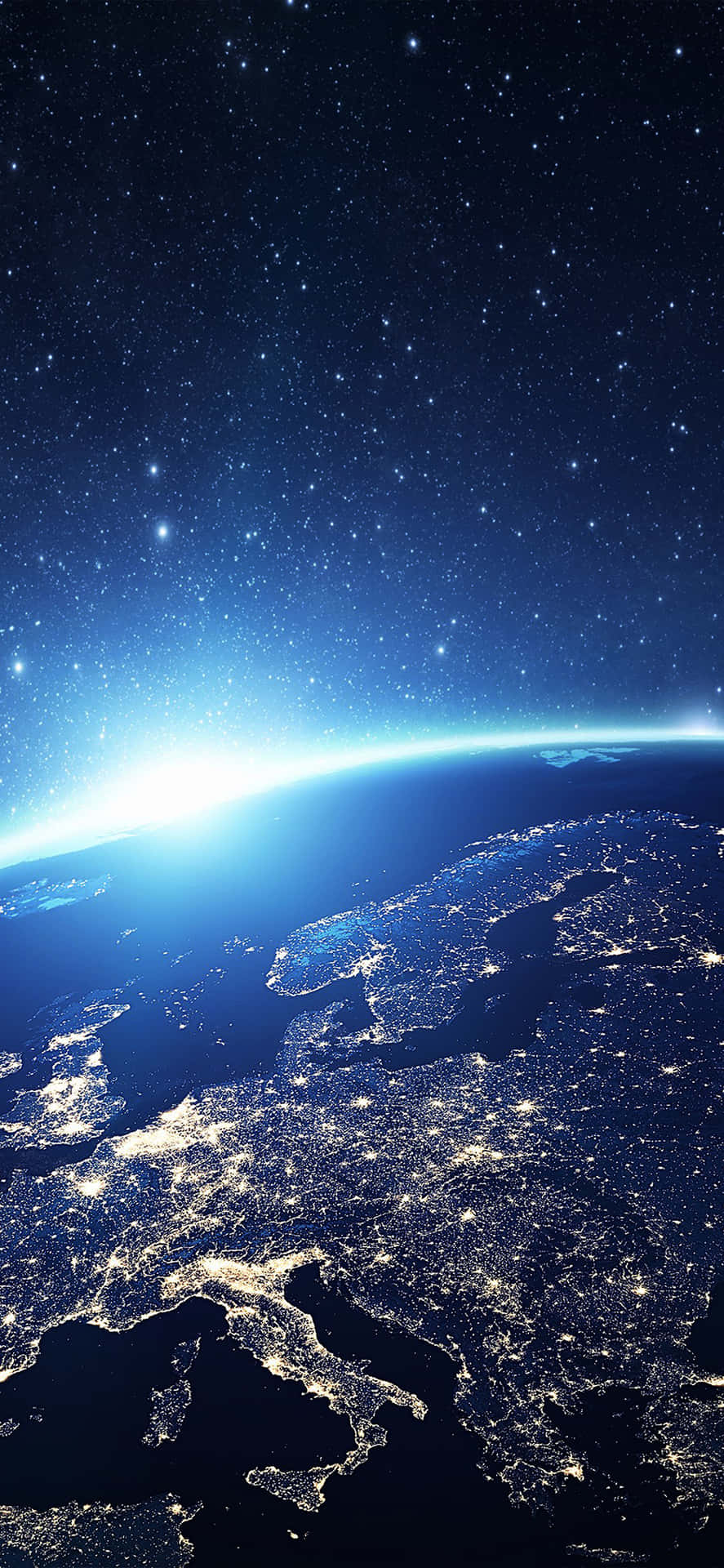 從太空夜間看到的地球，城市發光，星星閃爍