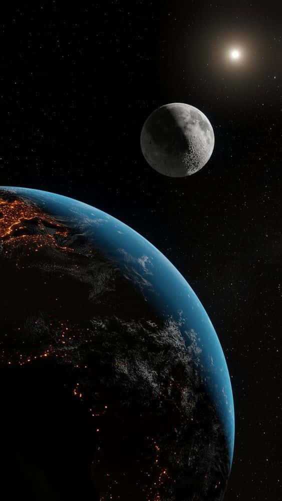 從太空看到的地球城市燈光，伴隨月亮和太陽