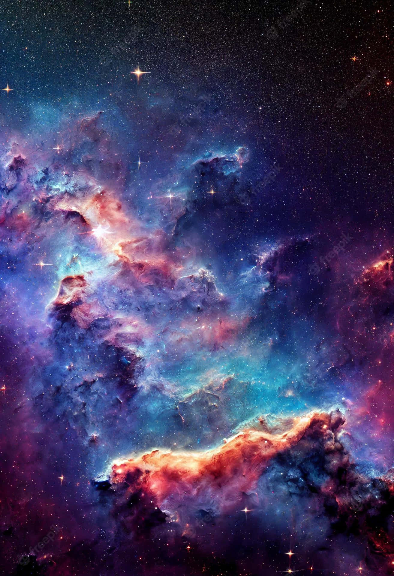 深空中帶有發光雲氣和明亮星星的彩色星雲。