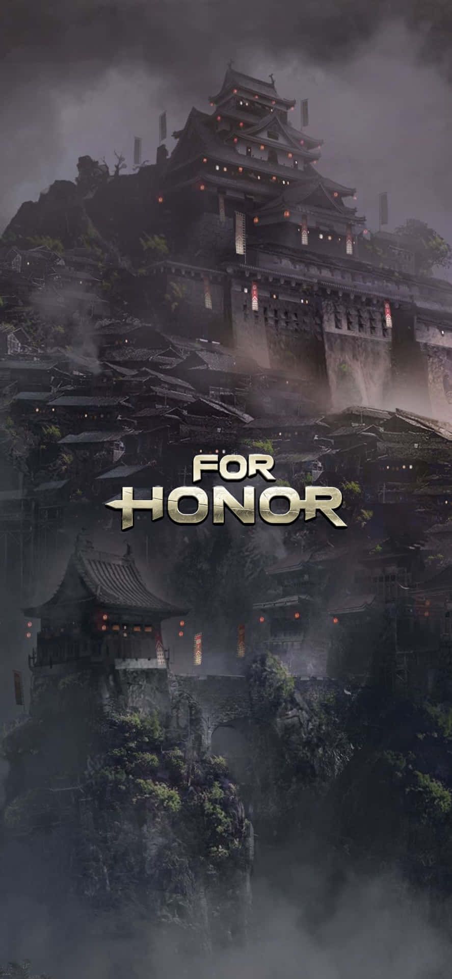 黑暗的山中堡壘，閃爍的燈籠和 For Honor 遊戲標題。