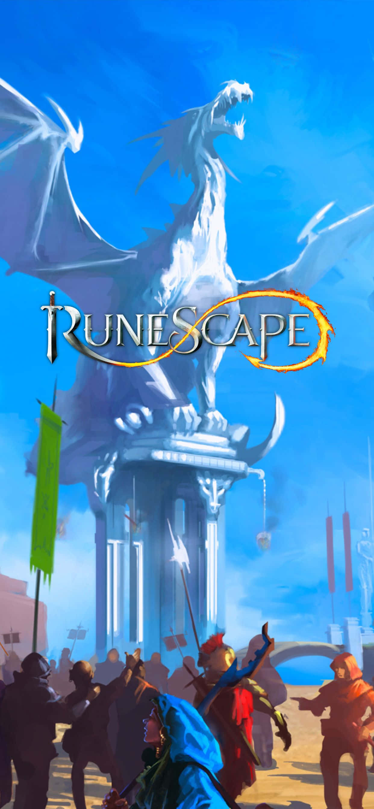 用 iPhone Xs Max 和《Runescape》提升您的遊戲體驗 壁紙 — 一條雄偉的白龍在石紀念碑上空翱翔，冒險者們聚集在下方陽光普照的幻想小鎮。