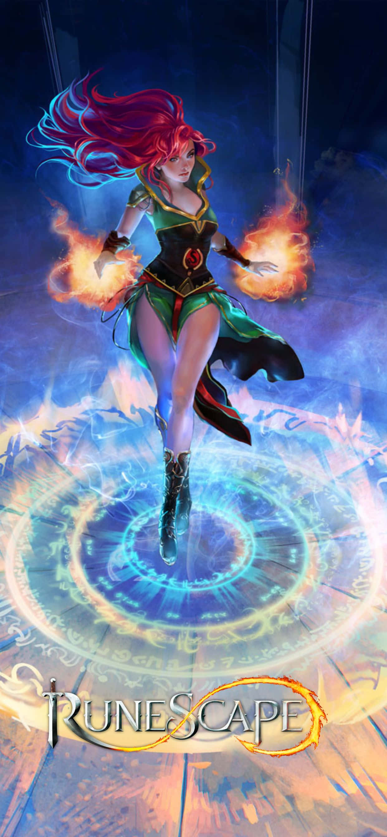 用 iPhone Xs Max 沉浸於《RuneScape》世界 壁紙 — 一位紅髮法師身穿綠色長袍，在黑暗神秘背景中漂浮於發光的藍色符文圈之上，雙手揮舞著火焰。