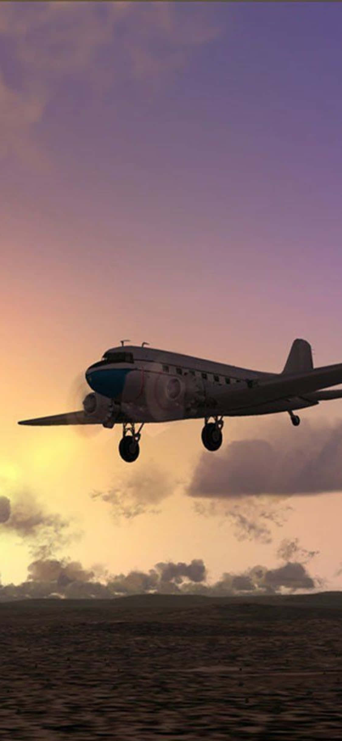 用 iPhone XS 和 Microsoft Flight Simulator 攀上雲霄 壁紙 — 一架復古螺旋槳飛機在紋理豐富的景觀上空，對著充滿活力的日落天空下降。