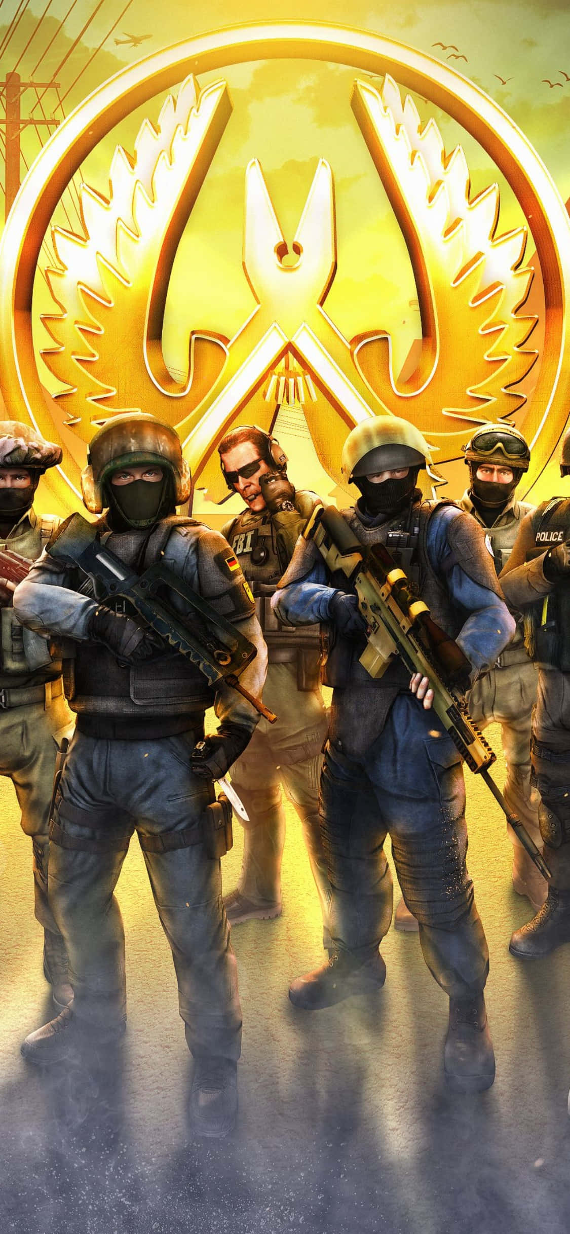 用 iPhone XS 體驗 Counter-Strike Global Offensive 壁紙 — 一隊蒙面戰術警察在發光的金色徽章下準備就緒，徽章上有交叉的鉗子和翅膀。