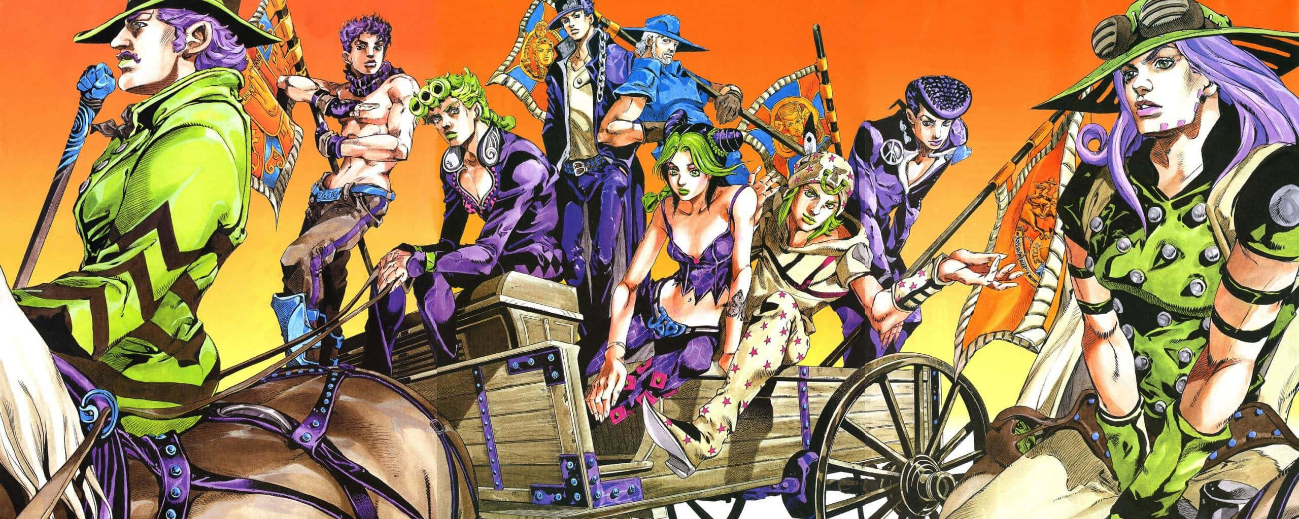 「用《JoJo的奇妙冒險》提升你的能力與風格」 壁紙 — 一群色彩繽紛的動漫角色在木製馬車上，背景是火紅的橙色天空。