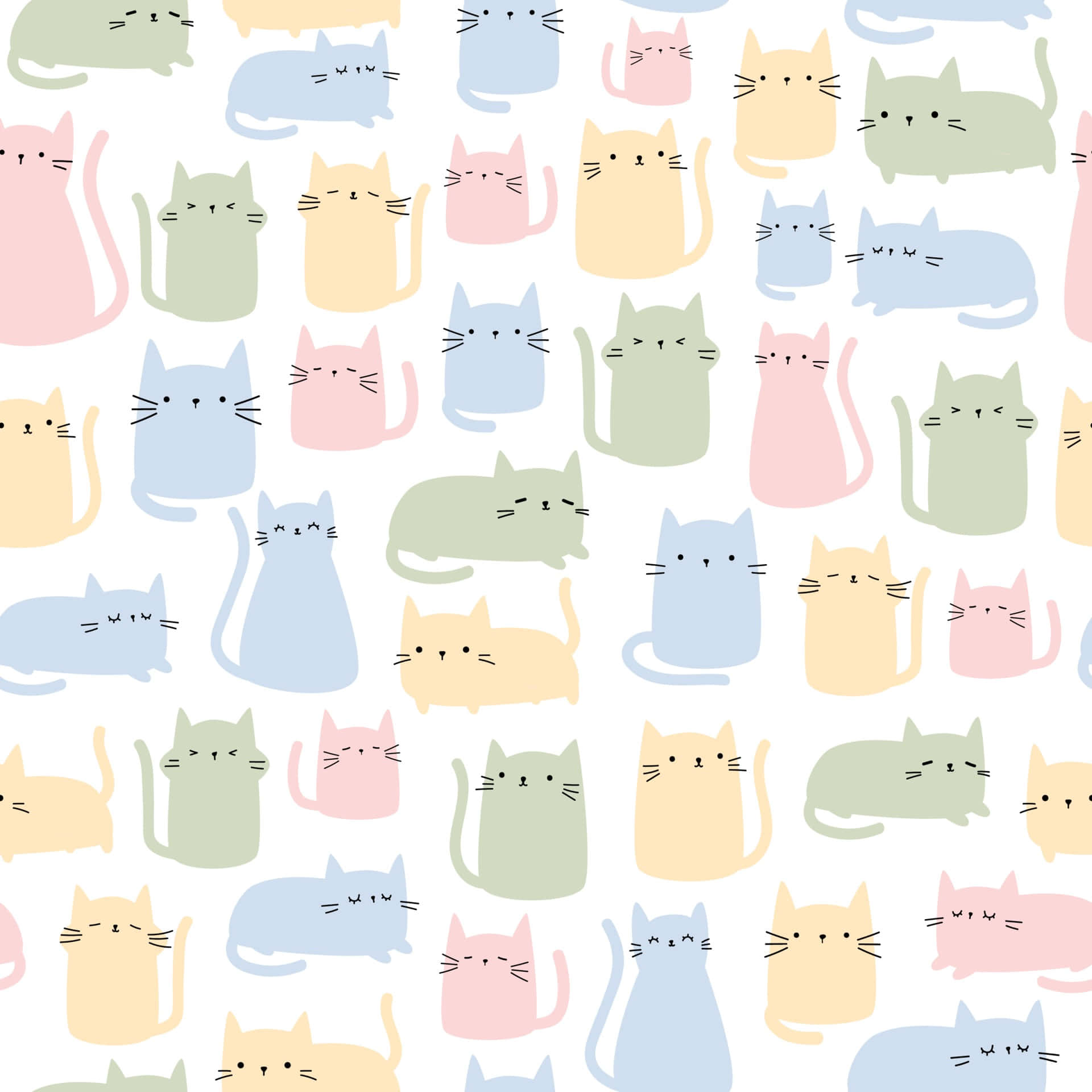 用 Kawaii Pastel 筆電裝點你的科技生活 壁紙 — 粉彩色的卡通貓咪以各種姿勢在乾淨的白色背景上重複，形成一個俏皮的圖案。